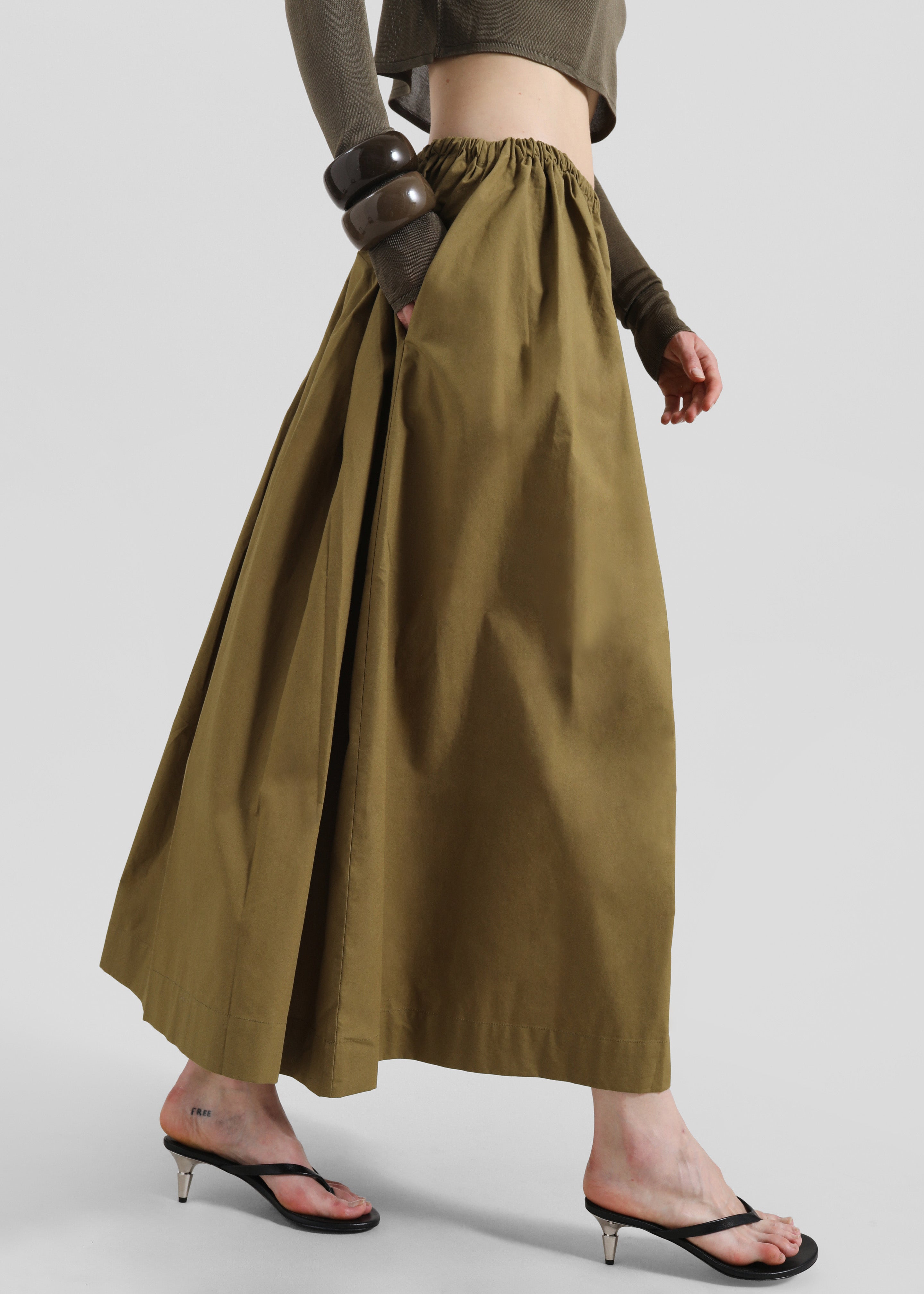 Jalev Gathered Cotton Skirt - Martini Olive - 3