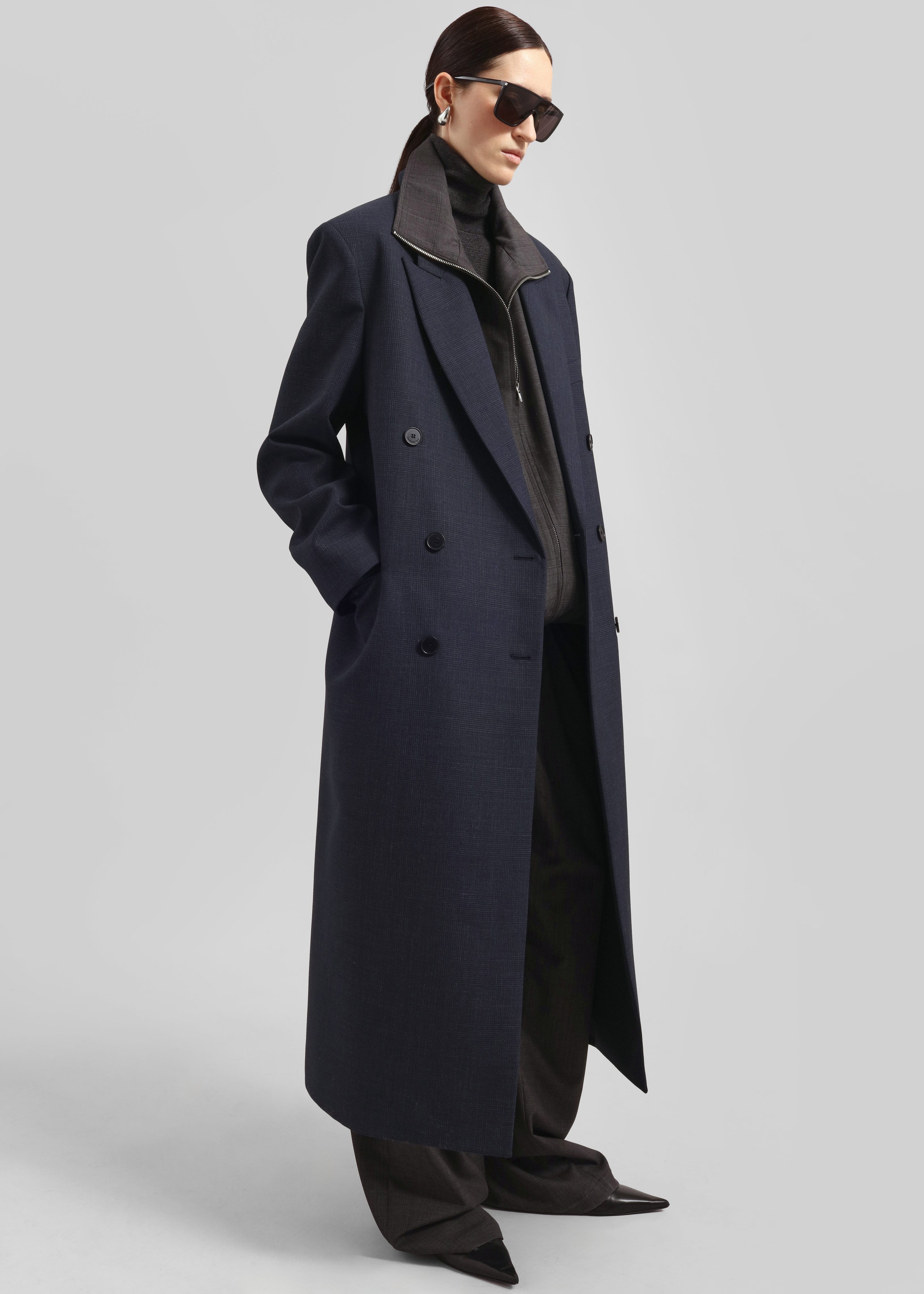 Jane Plaid Long Coat - Navy - 10