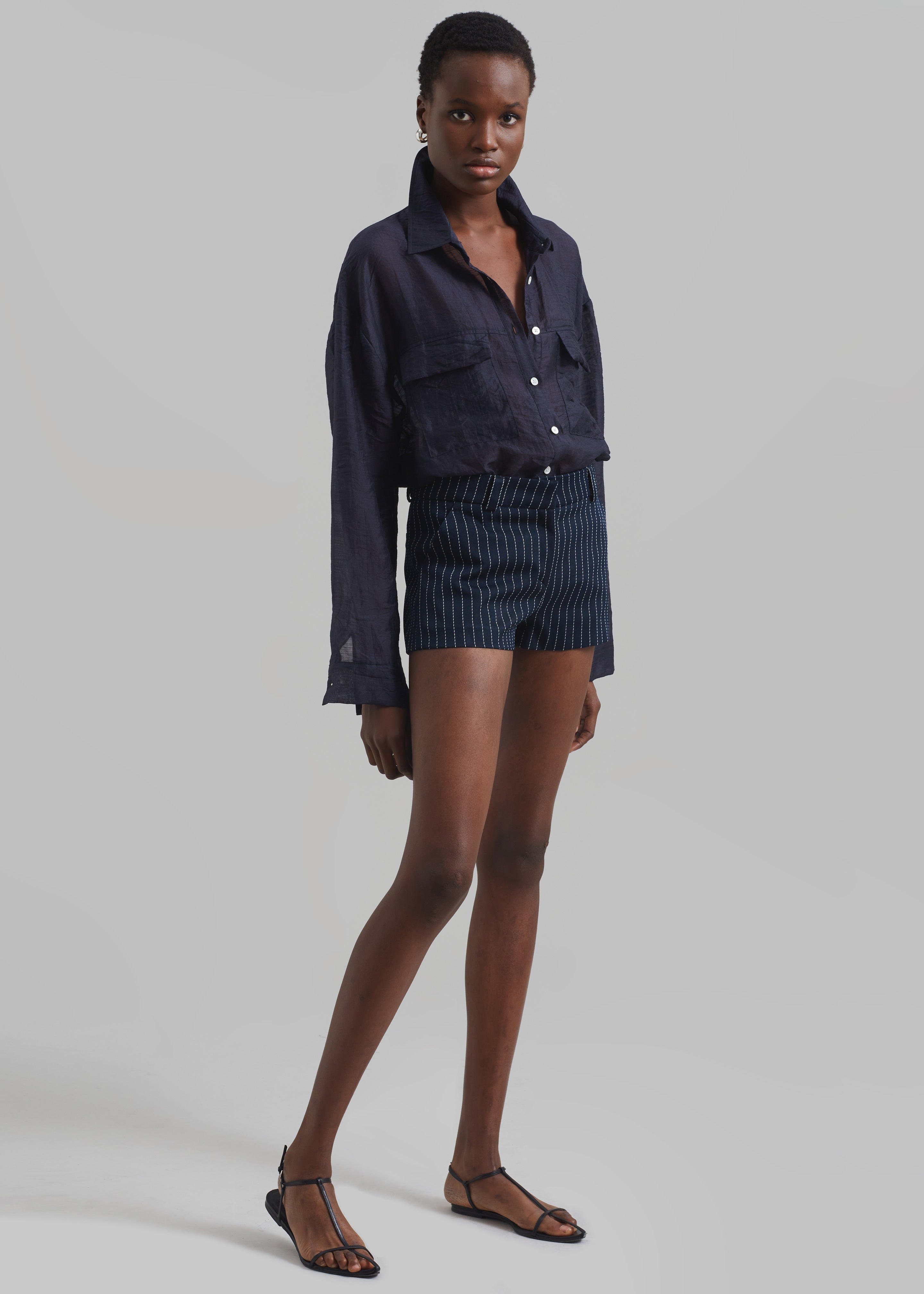 Kate Twill Mini Shorts - Navy/White Pinstripe - 6