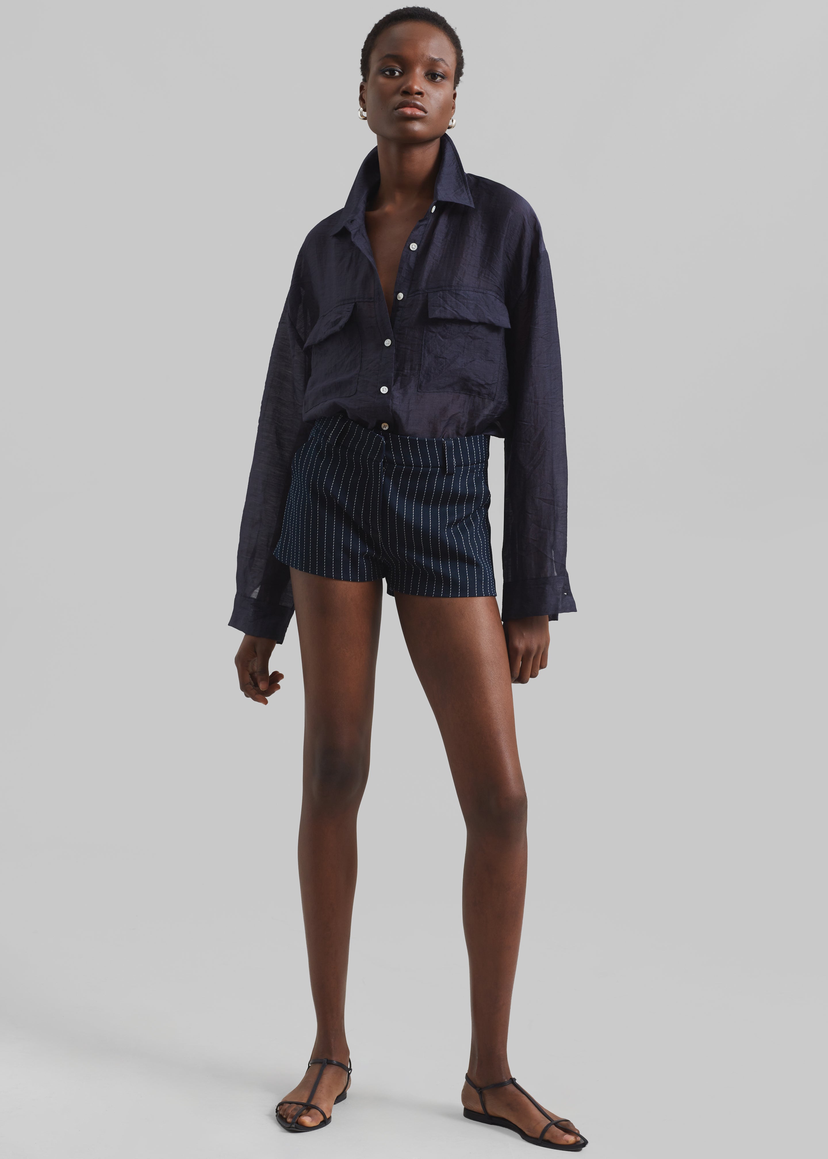 Kate Twill Mini Shorts - Navy/White Pinstripe - 2