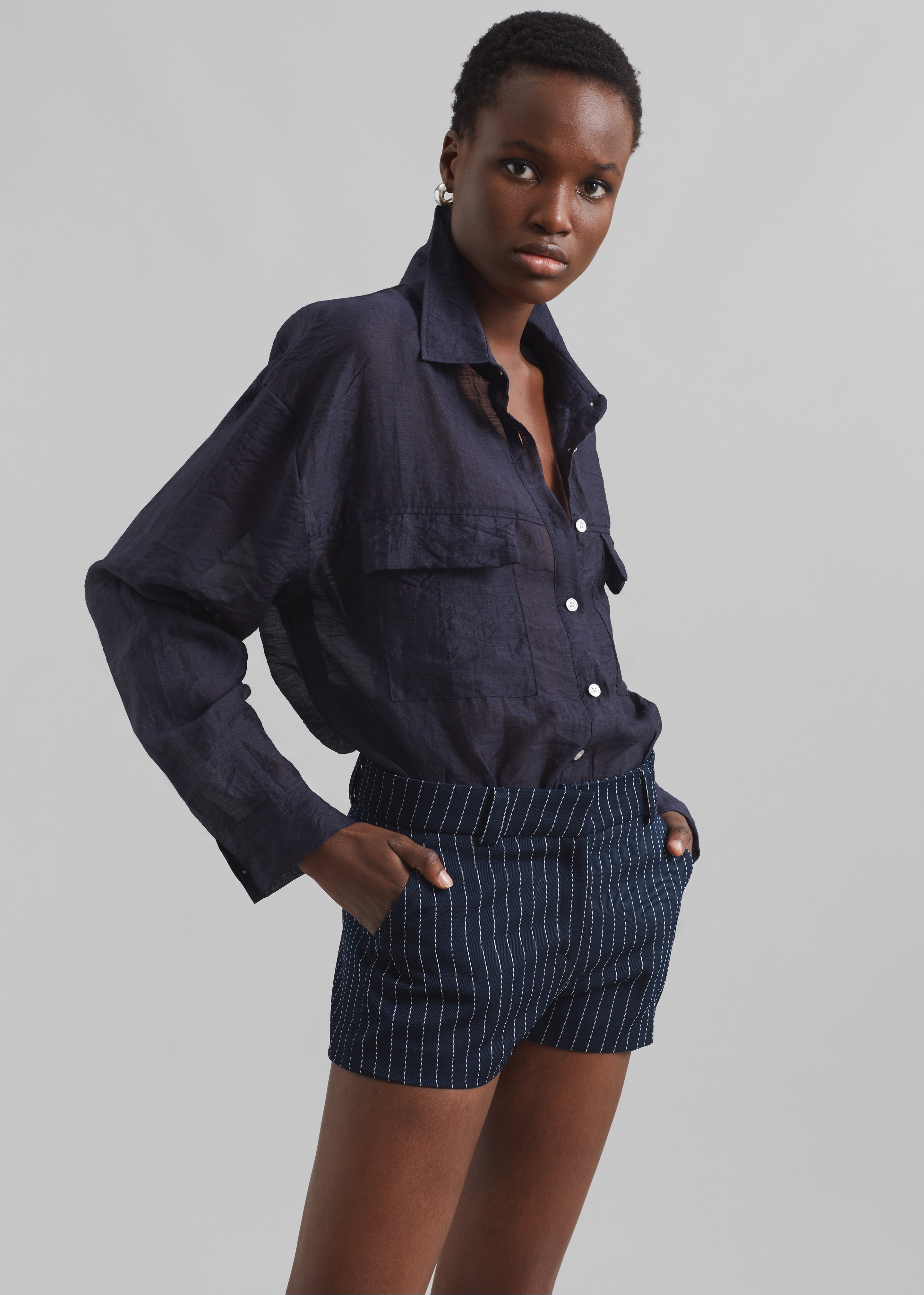 Kate Twill Mini Shorts - Navy/White Pinstripe - 5