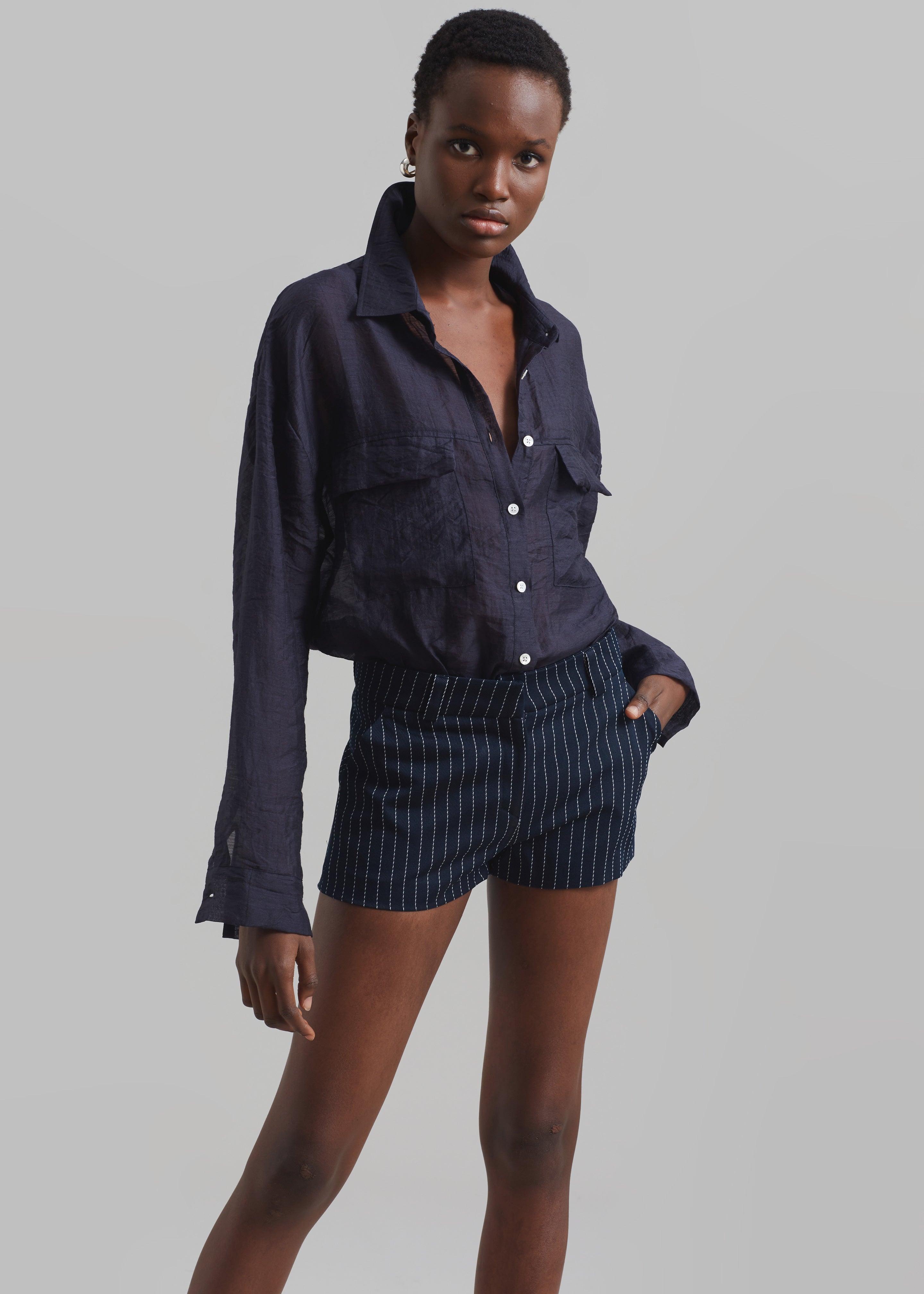 Kate Twill Mini Shorts - Navy/White Pinstripe - 3