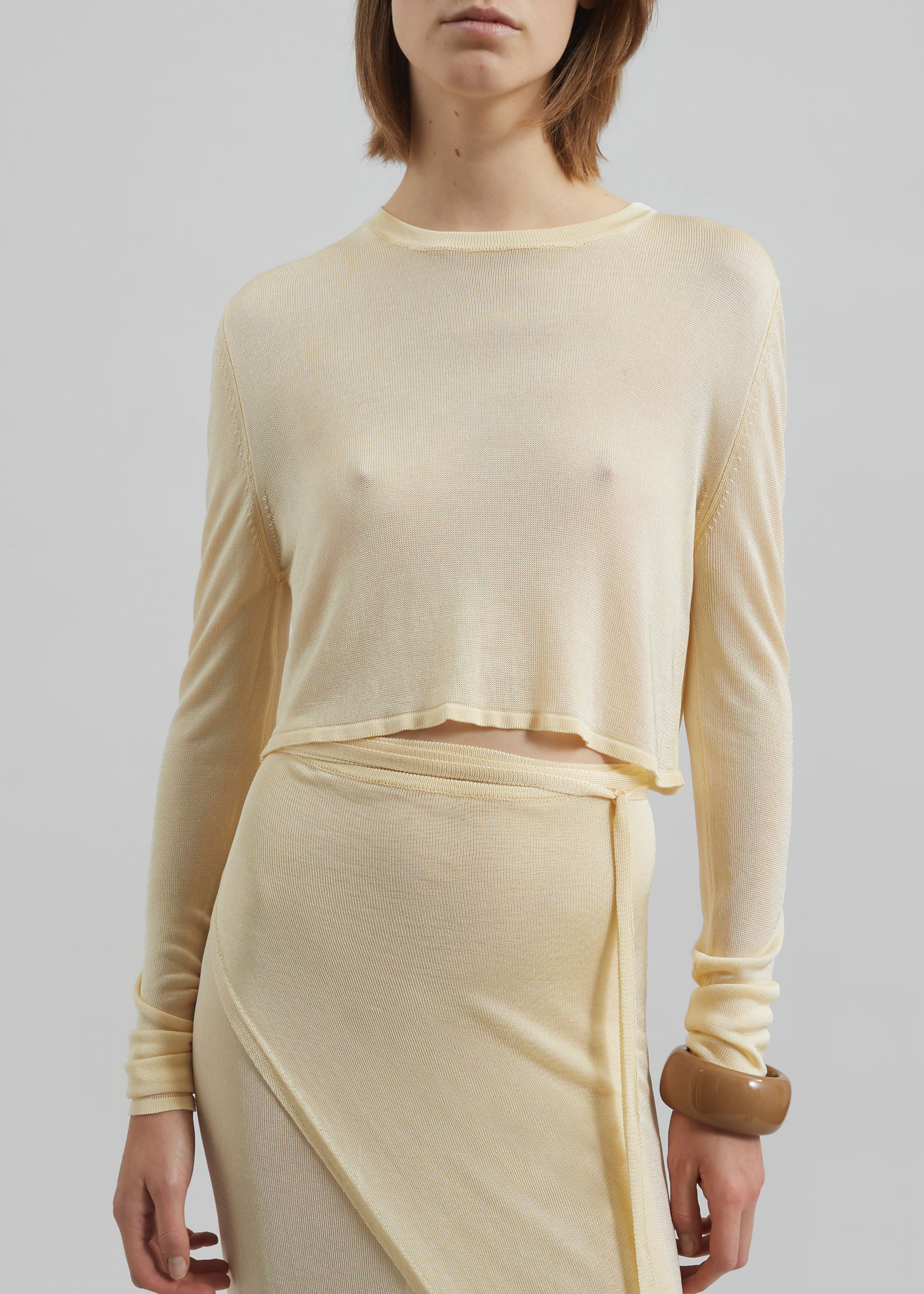 Kazel Cropped Thin Knit Top - Pale Yellow - 3