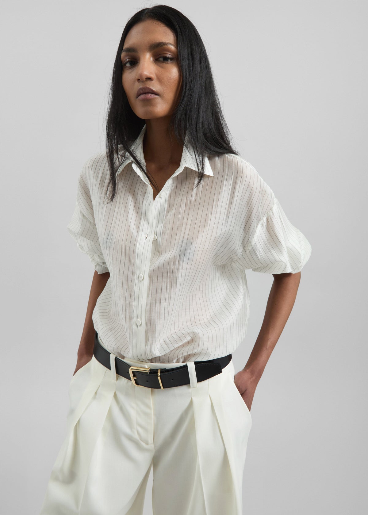 Kesin Open Back Shirt - White/Grey Stripe - 2