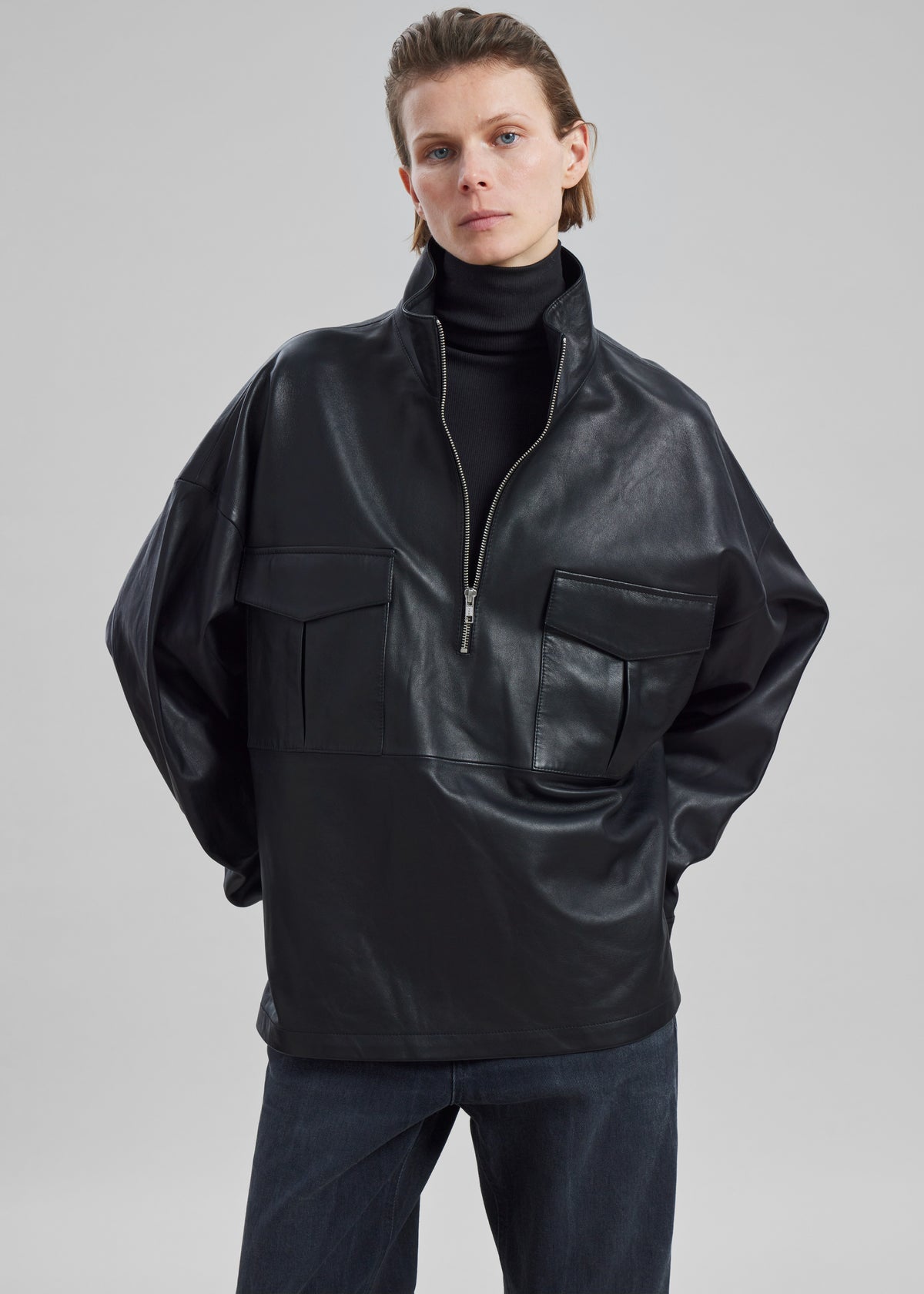 Kevin Leather Half Zip Shirt - Black - 9