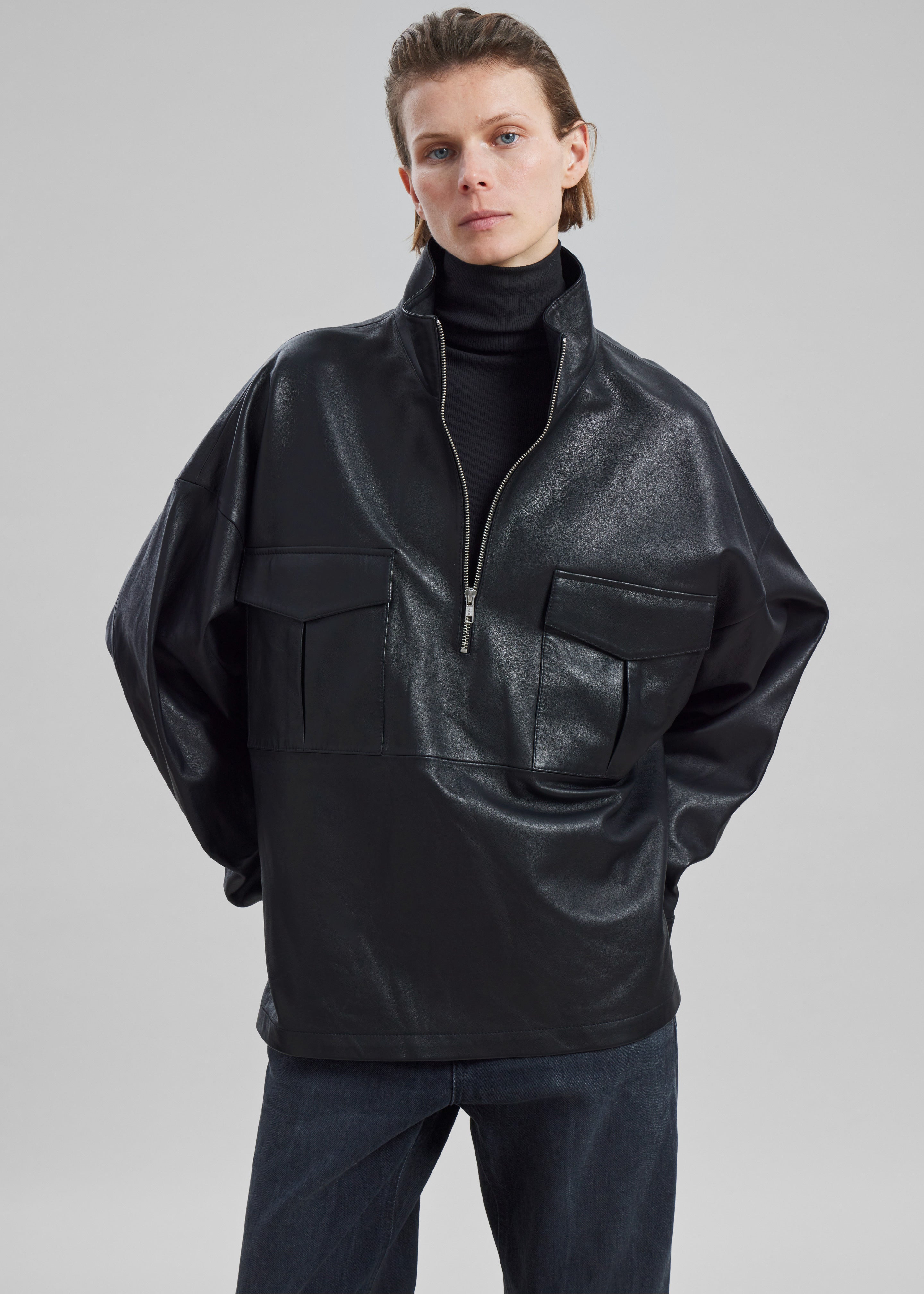 Kevin Leather Half Zip Shirt - Black - 9