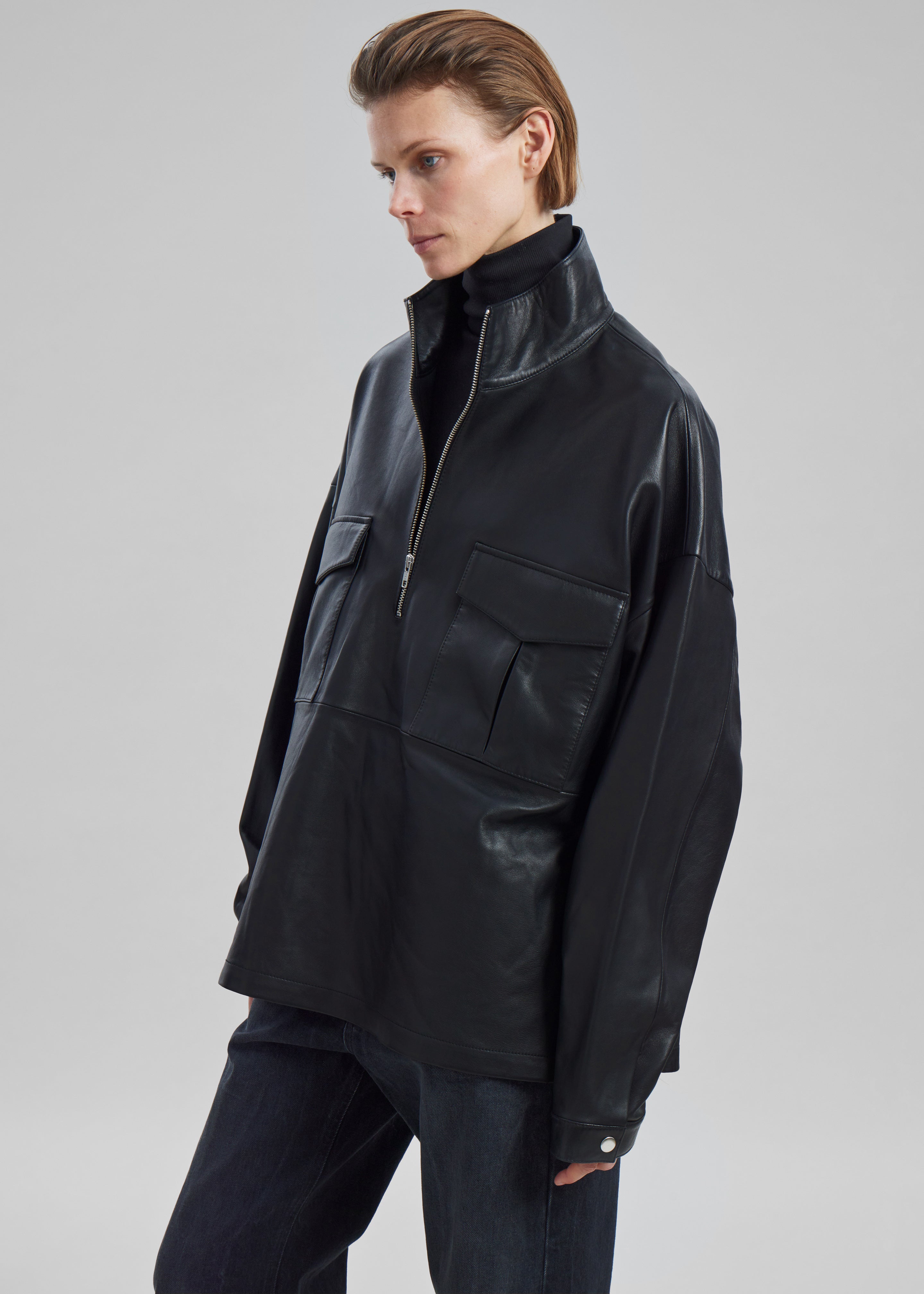 Kevin Leather Half Zip Shirt - Black - 5
