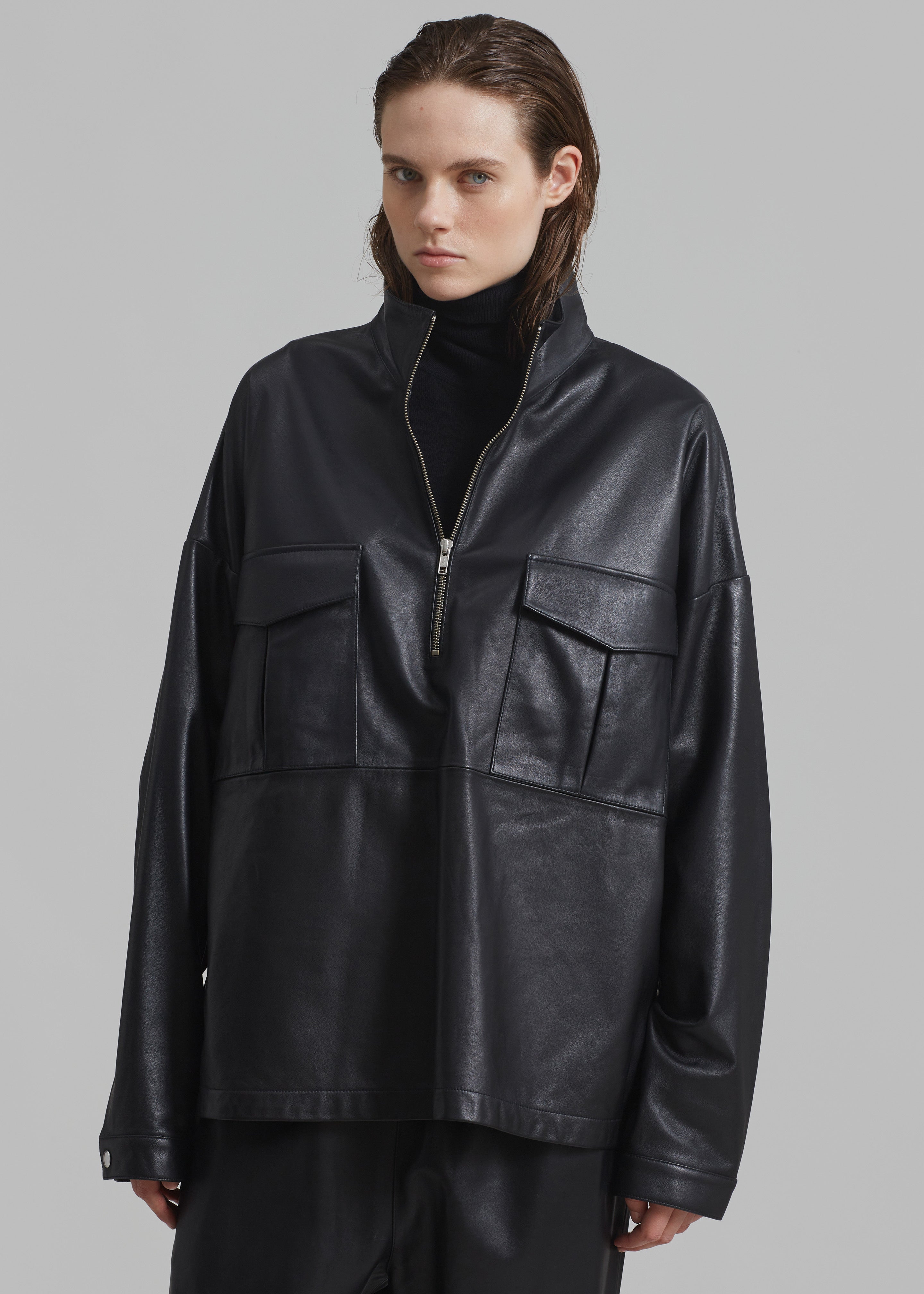 Kevin Leather Half Zip Shirt - Black - 8