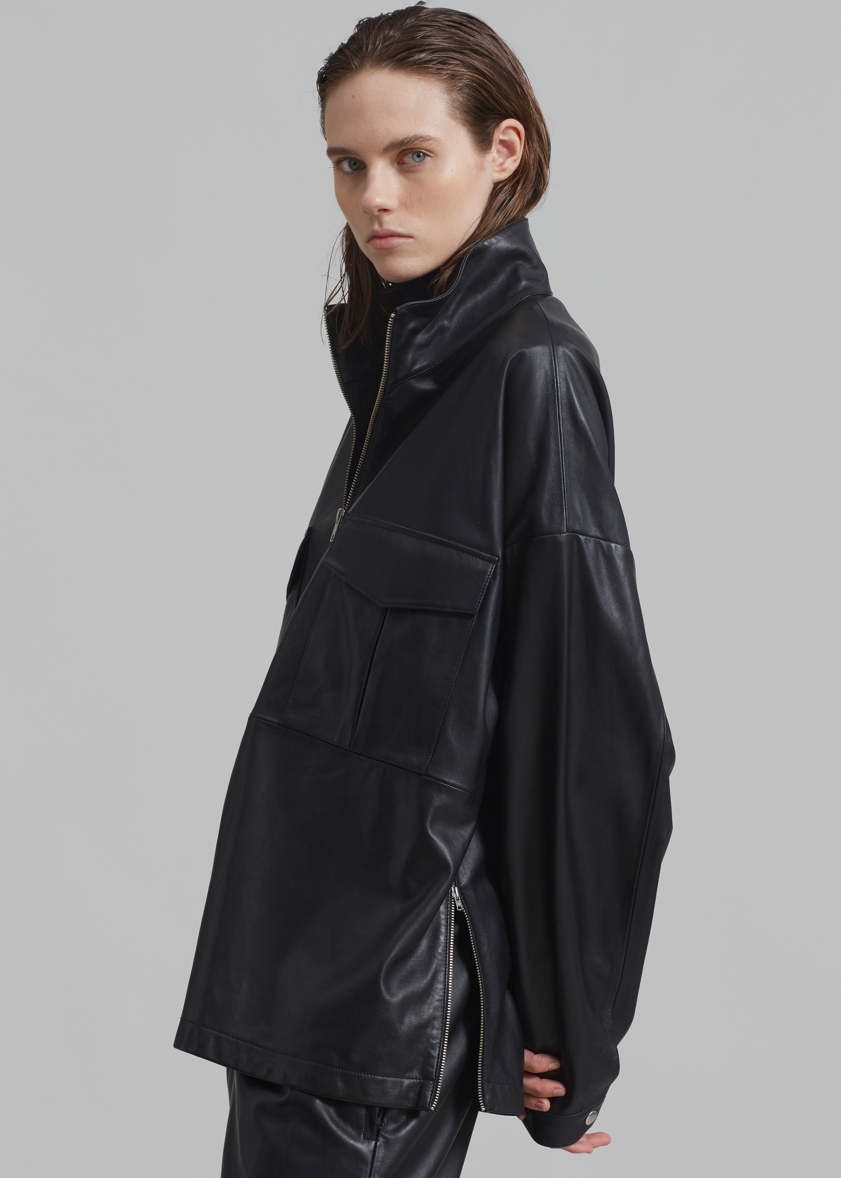 Kevin Leather Half Zip Shirt - Black - 10