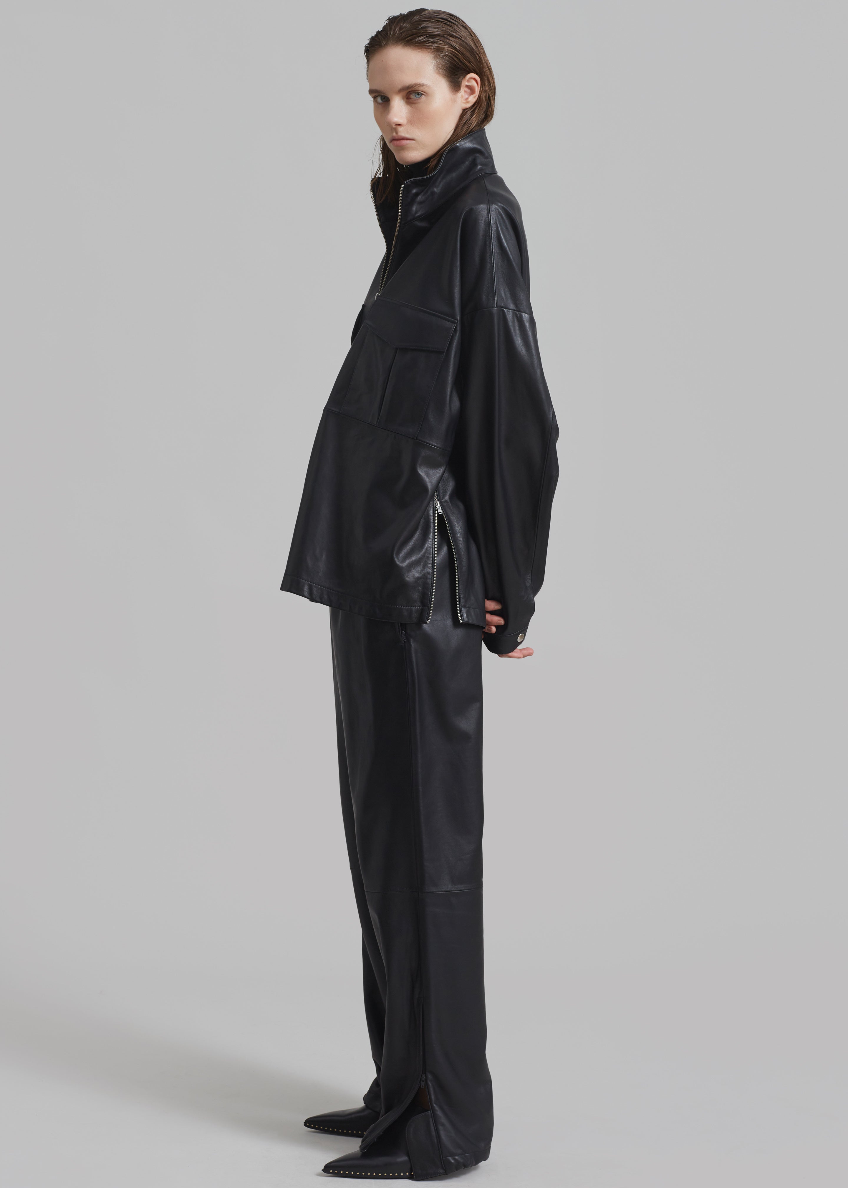 Kevin Leather Half Zip Shirt - Black - 1