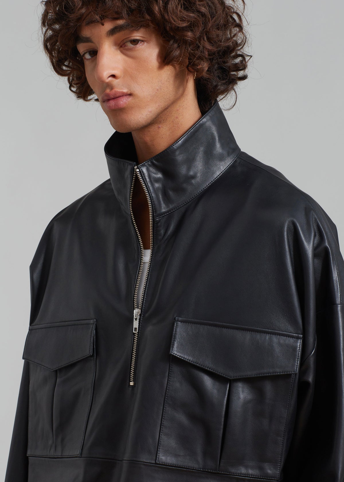 Kevin Leather Half Zip Shirt - Black - 14