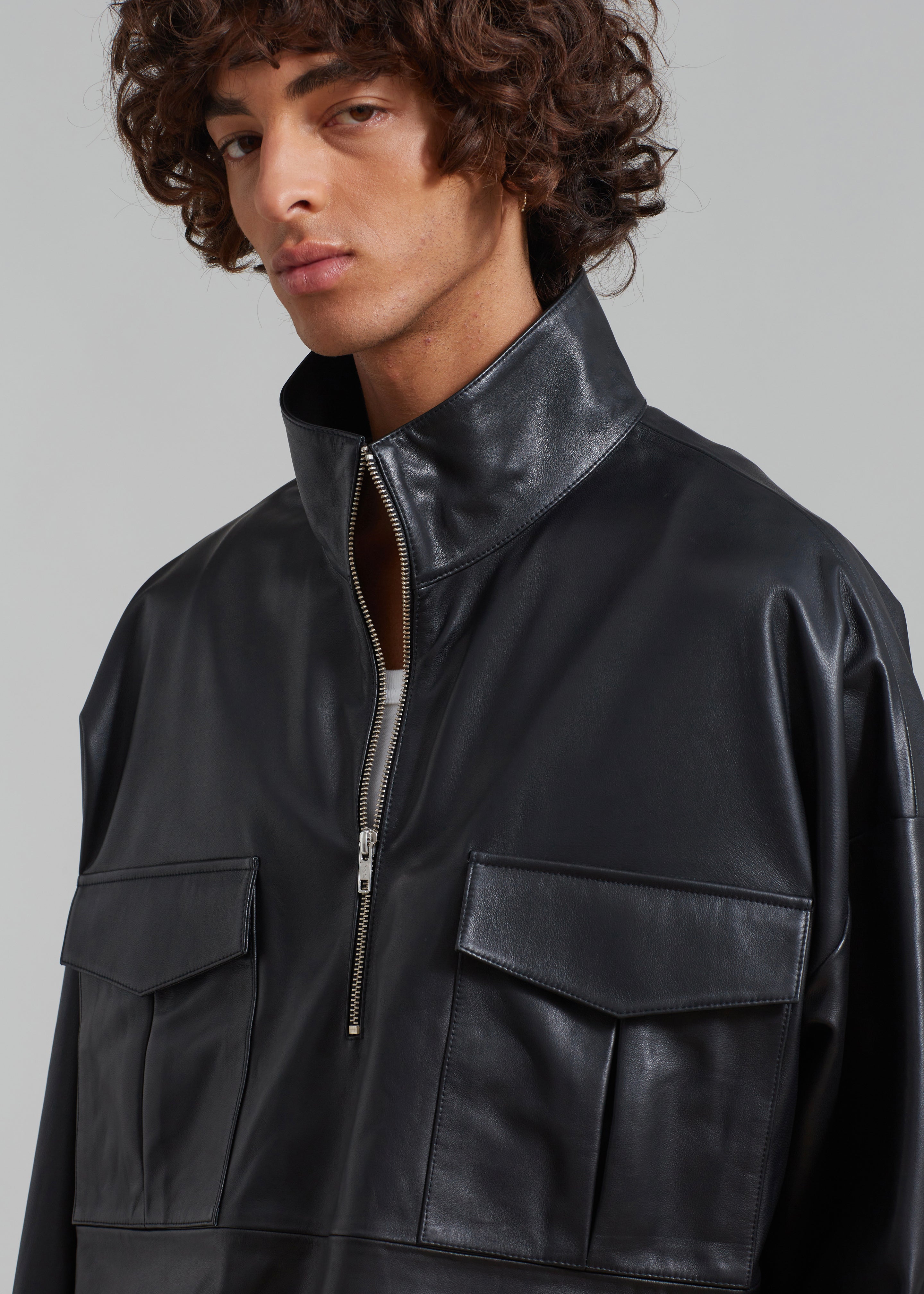 Kevin Leather Half Zip Shirt - Black - 14