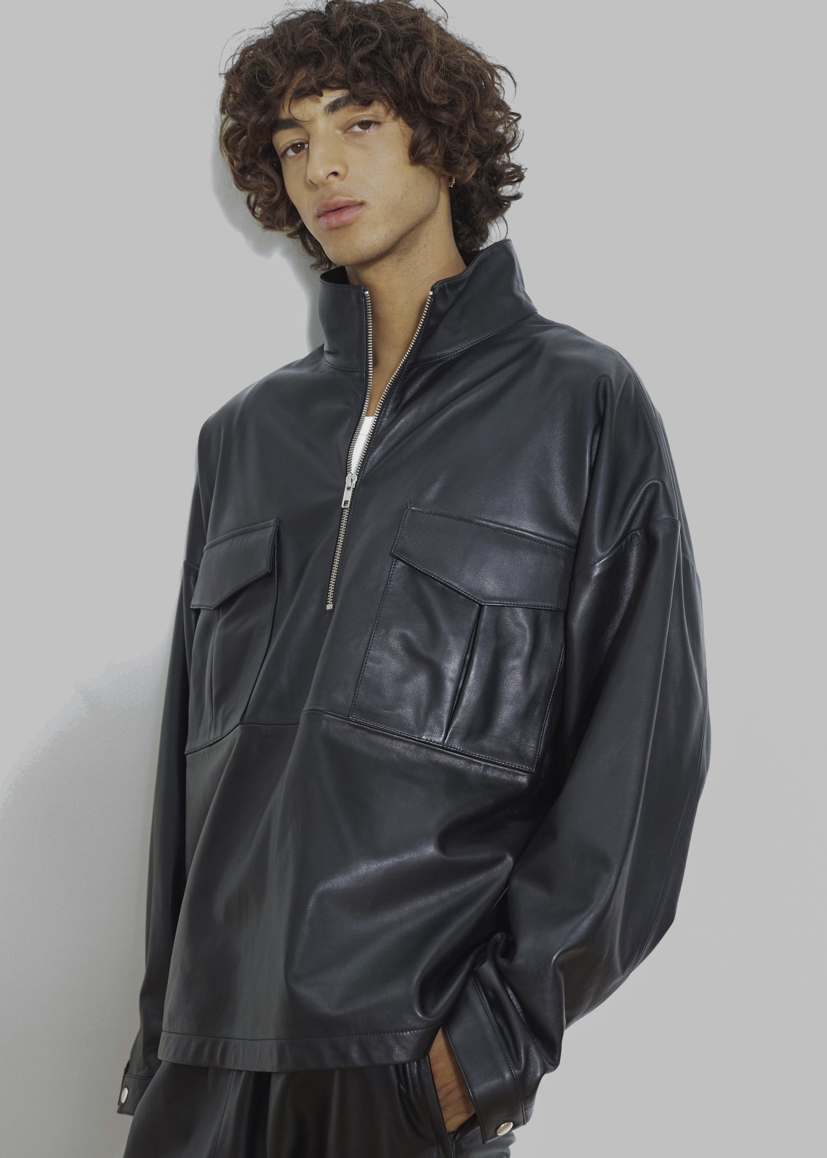 Kevin Leather Half Zip Shirt - Black - 15