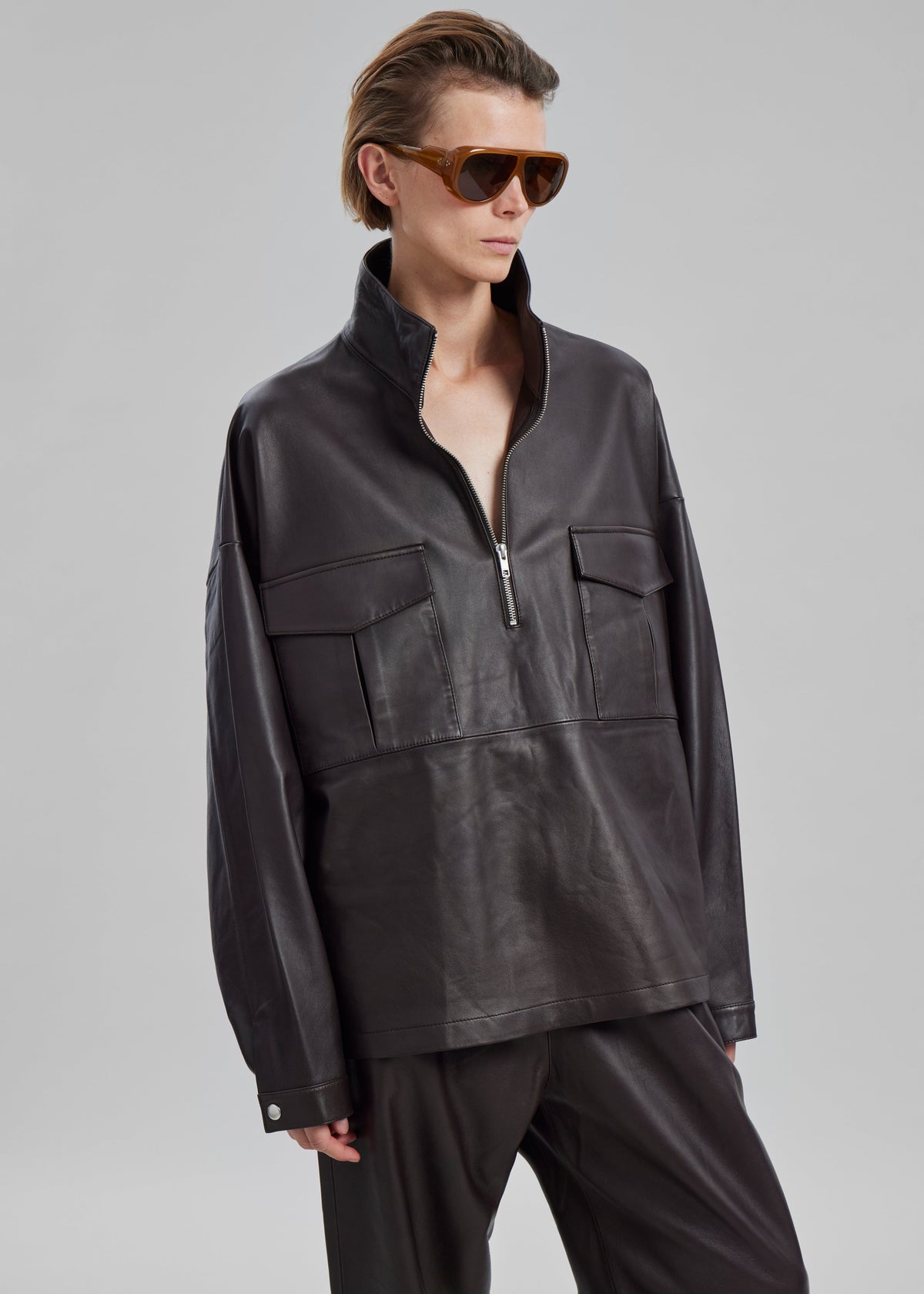 Kevin Leather Half Zip Shirt - Brown - 1