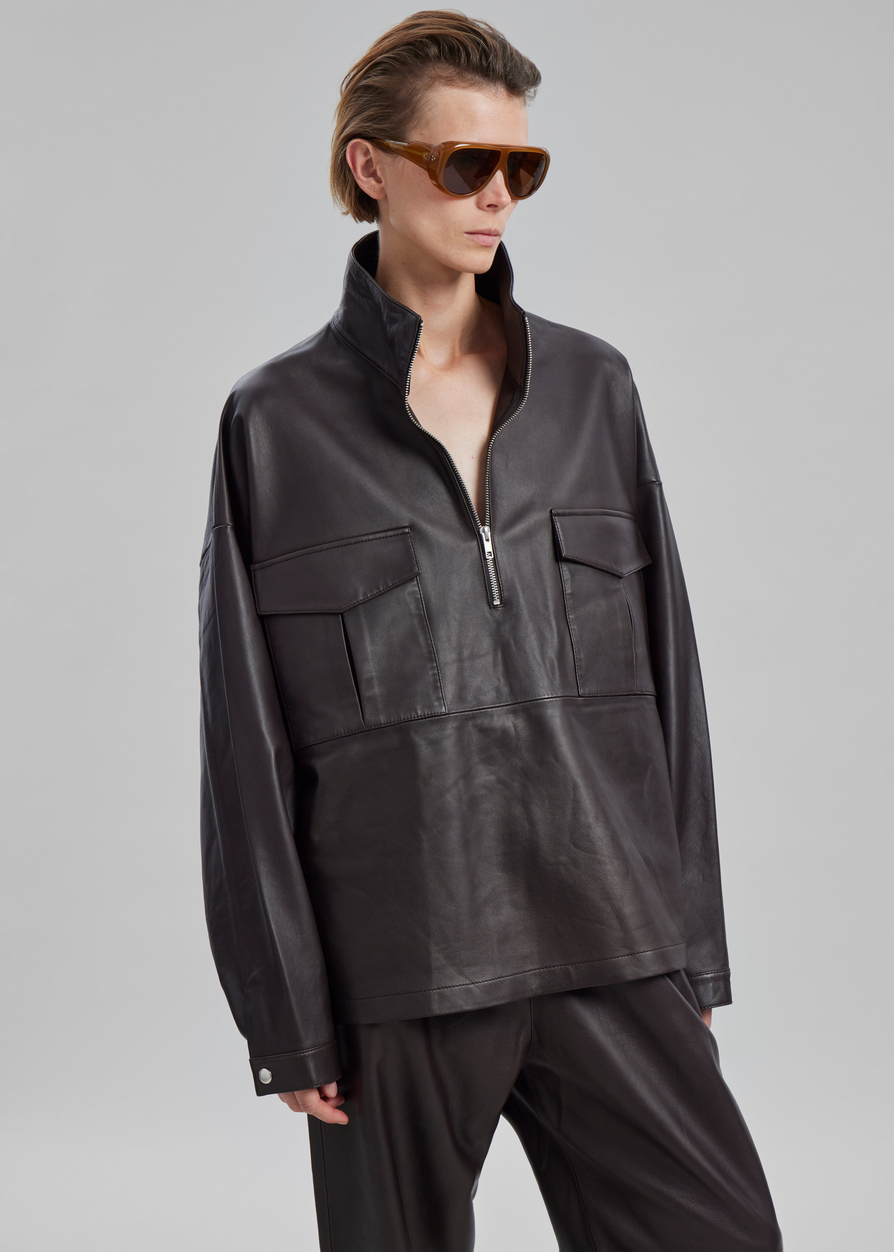 Kevin Leather Half Zip Shirt - Brown - 1