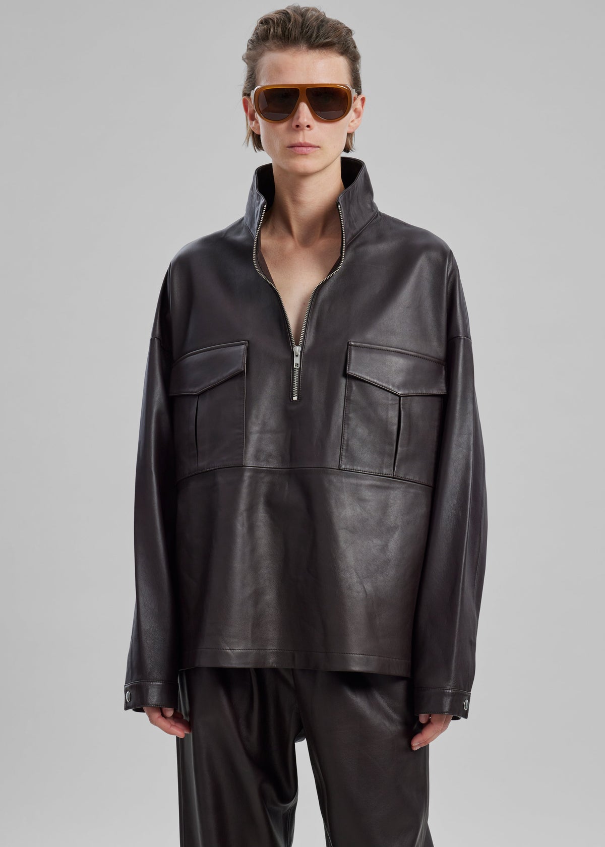Kevin Leather Half Zip Shirt - Brown - 5