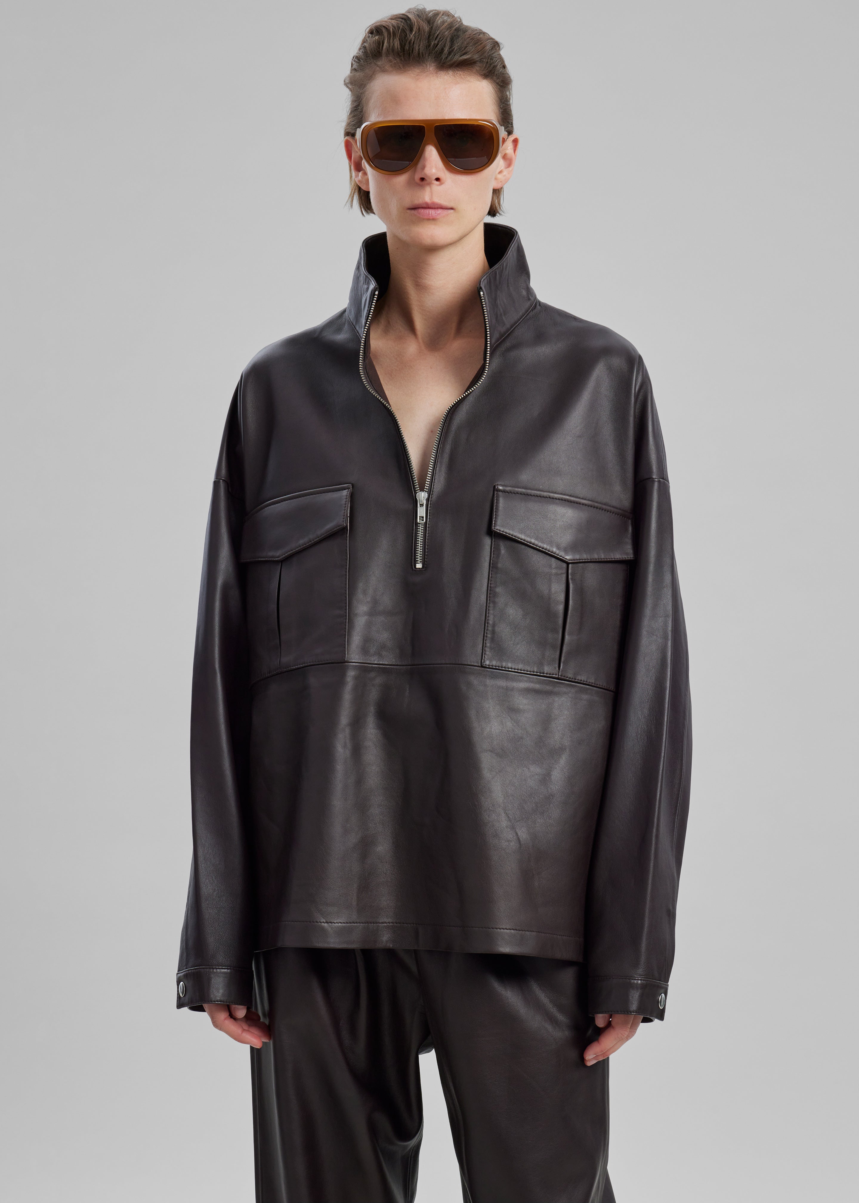 Kevin Leather Half Zip Shirt - Brown - 5