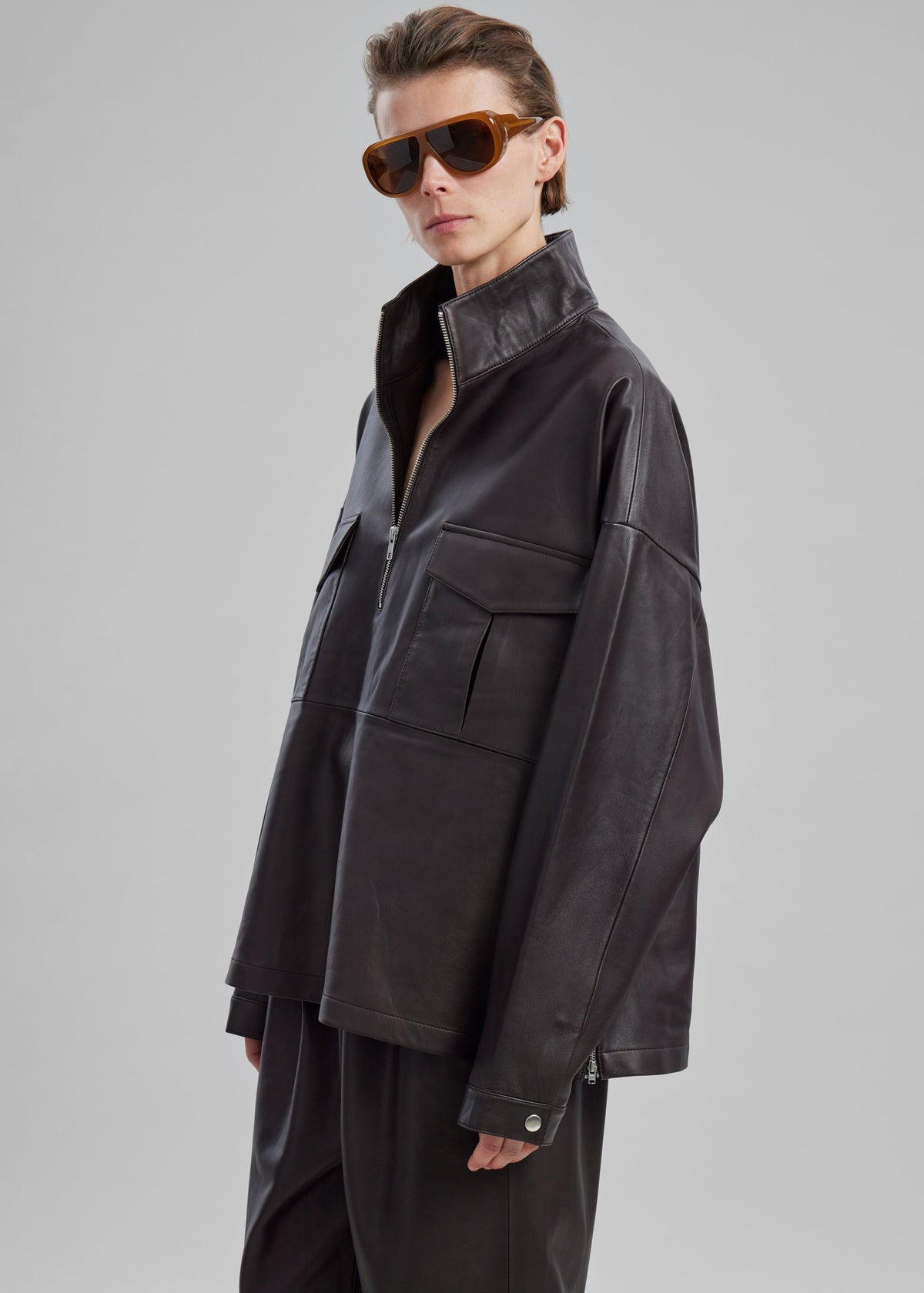 Kevin Leather Half Zip Shirt - Brown - 9