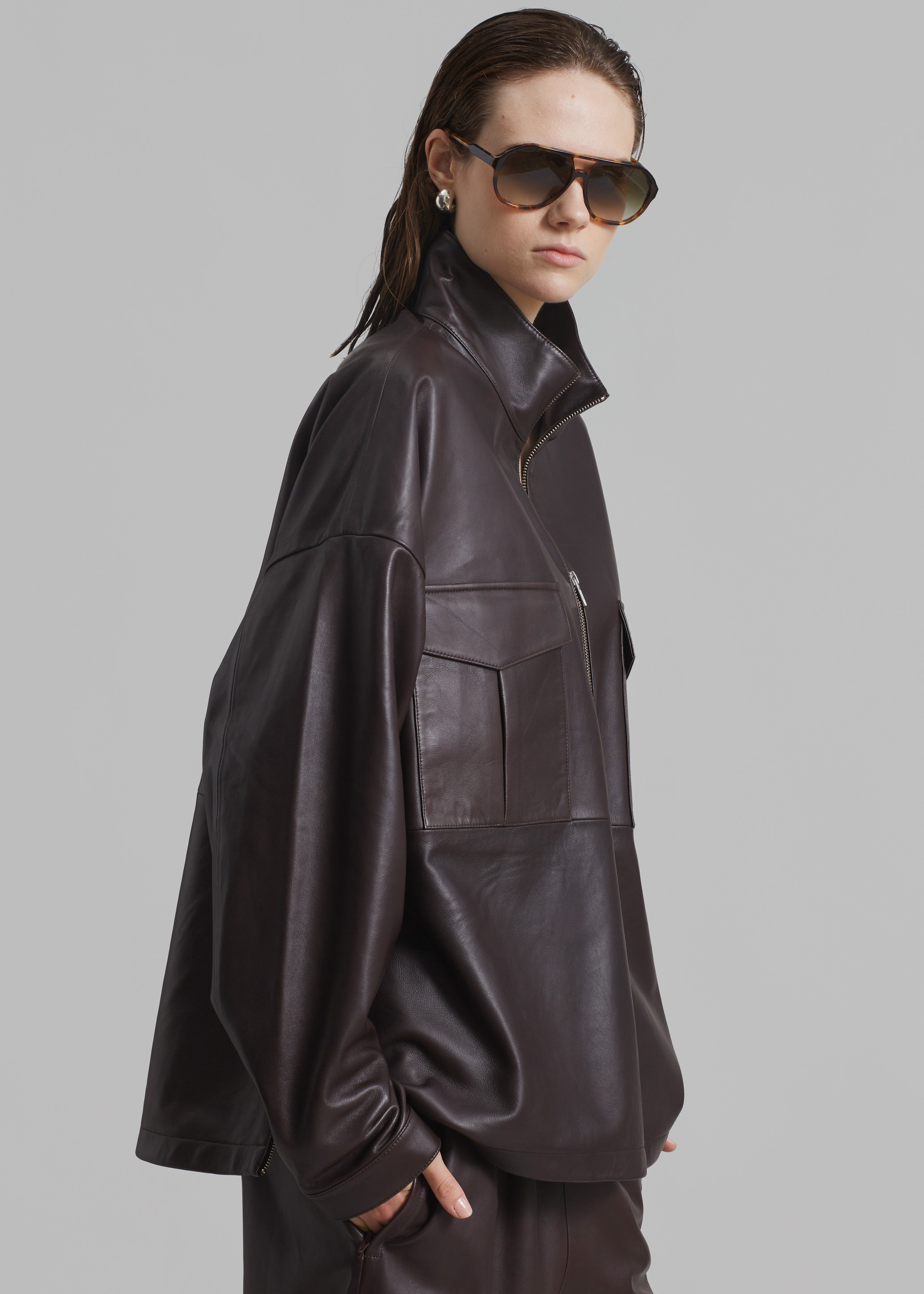 Kevin Leather Half Zip Shirt - Brown - 4