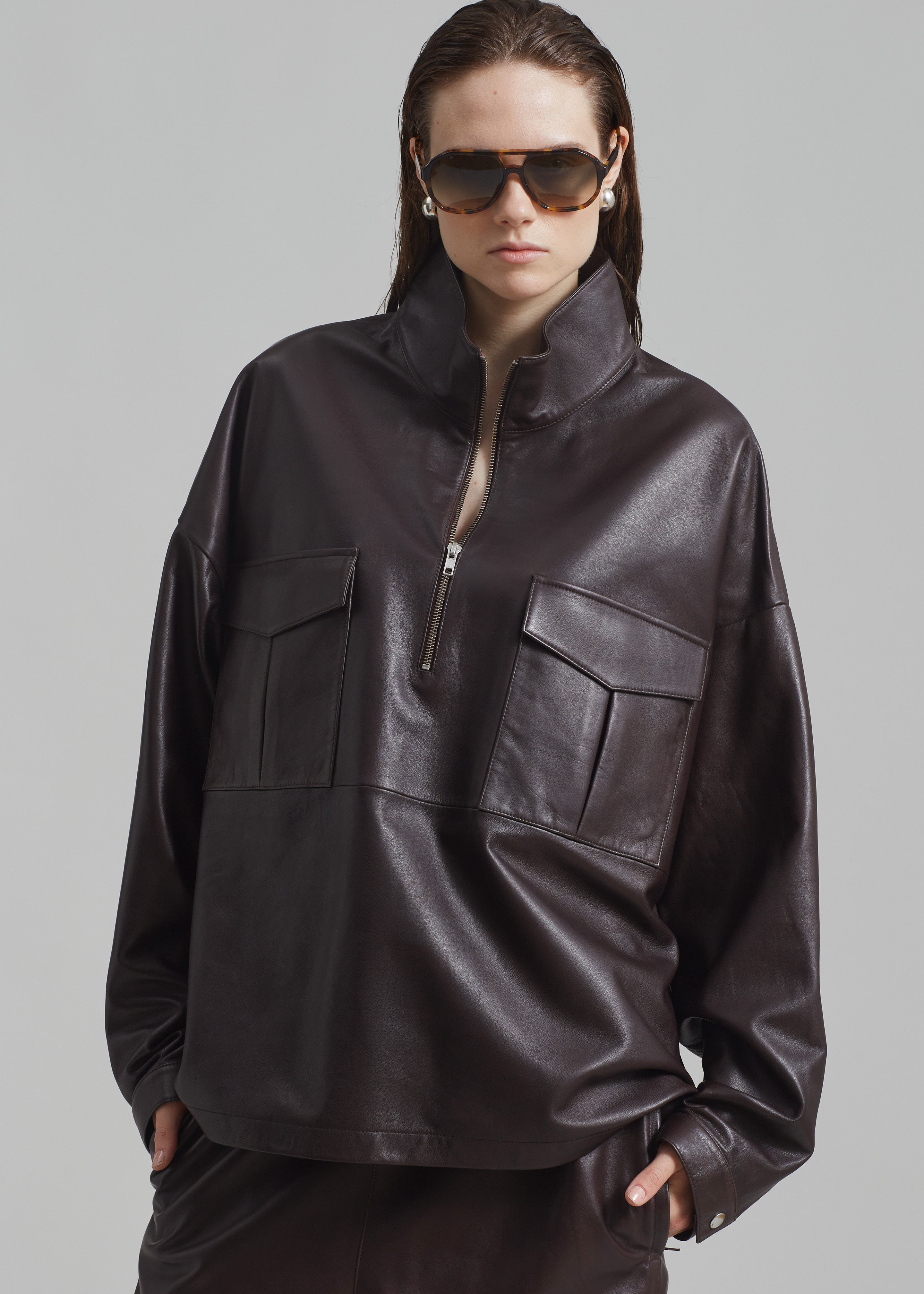Kevin Leather Half Zip Shirt - Brown - 3
