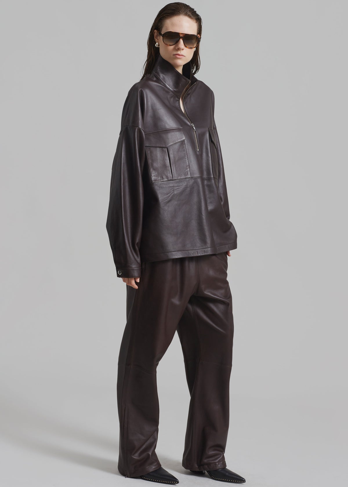Kevin Leather Half Zip Shirt - Brown - 6