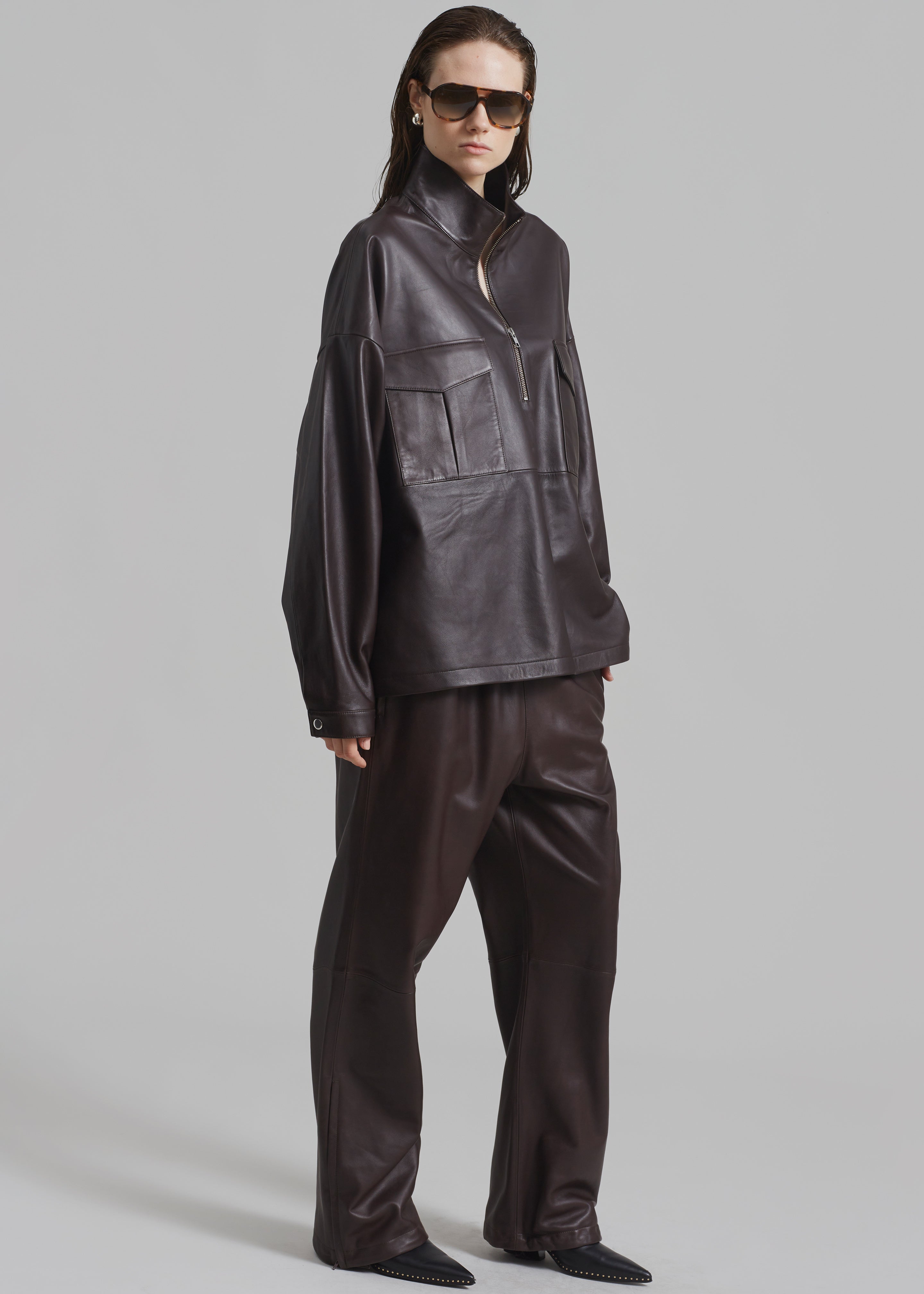 Kevin Leather Half Zip Shirt - Brown - 6
