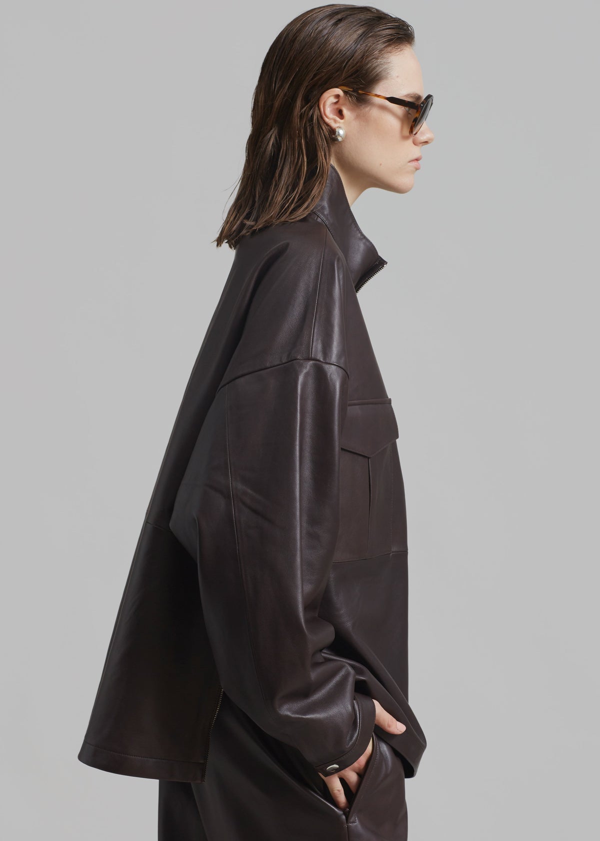 Kevin Leather Half Zip Shirt - Brown - 8