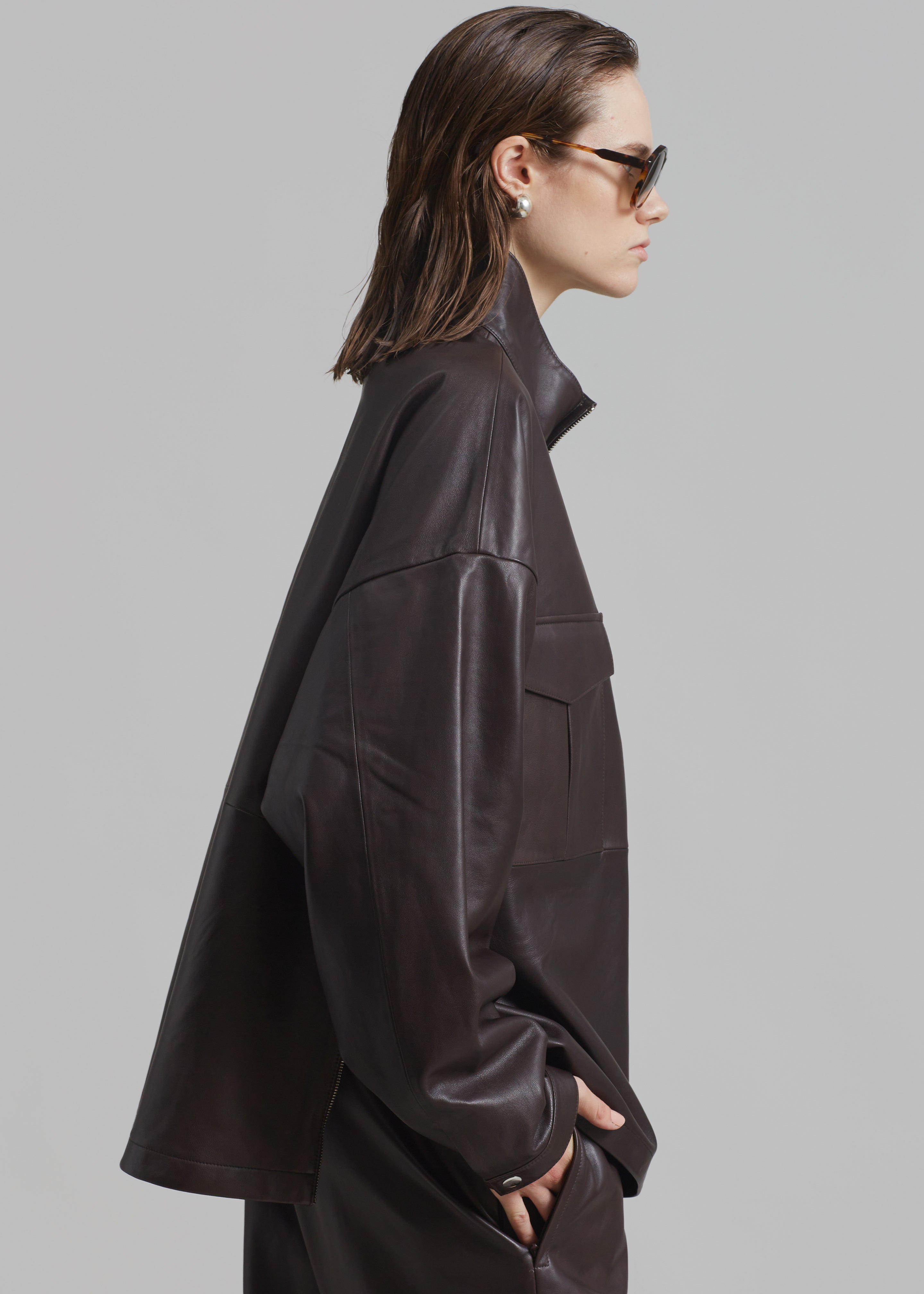 Kevin Leather Half Zip Shirt - Brown - 8