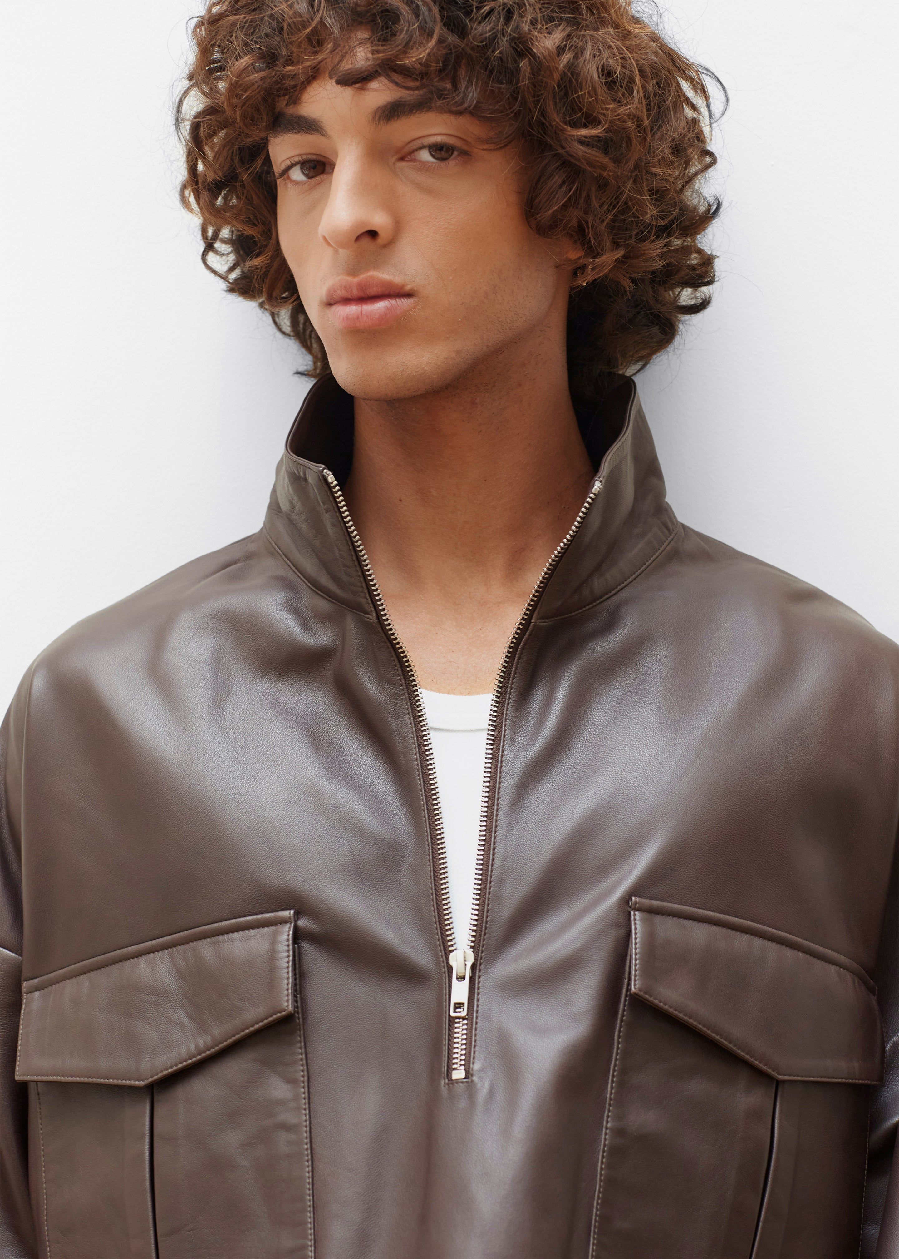 Kevin Leather Half Zip Shirt - Brown - 16
