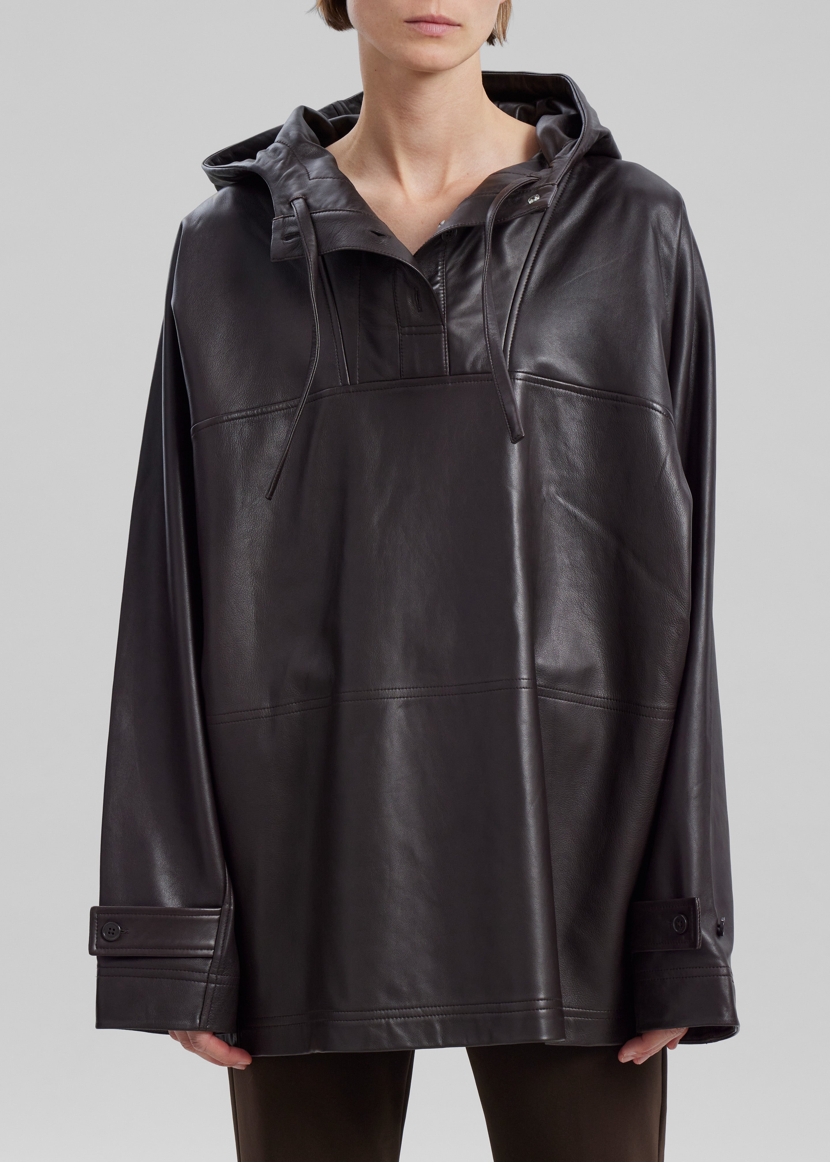 Kevin Leather Hooded Overshirt - Brown - 6