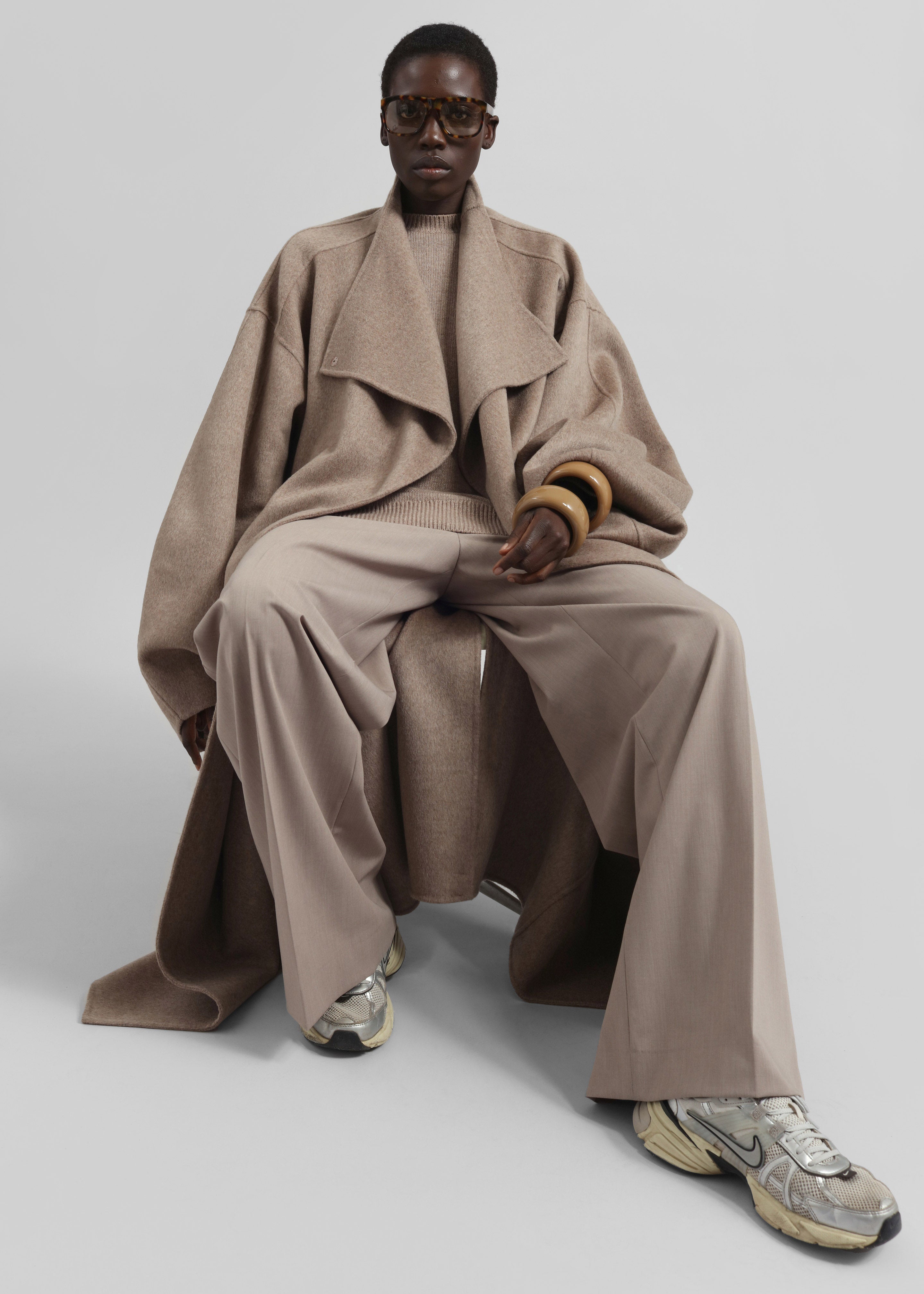Leroy Funnel Neck Wool Coat - Taupe Melange - 4