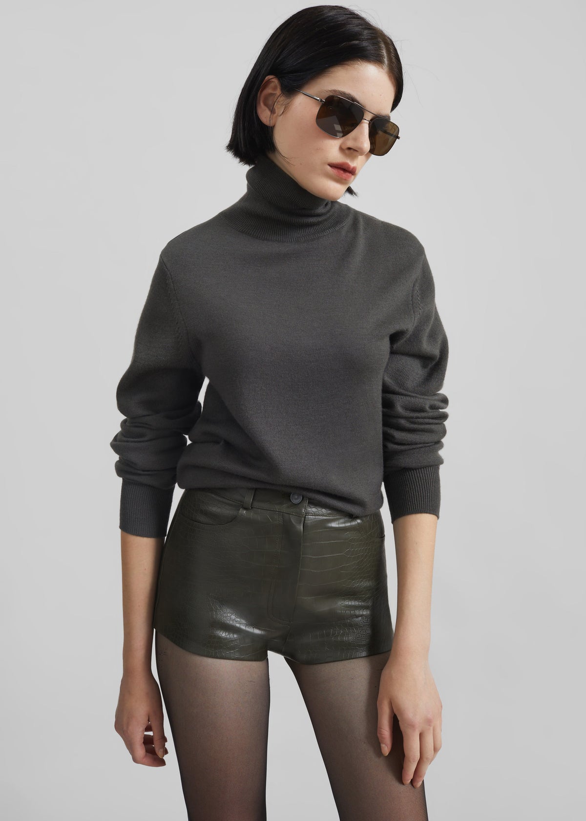 Loen Faux Leather Croc Hot Pants - Dark Olive - 5