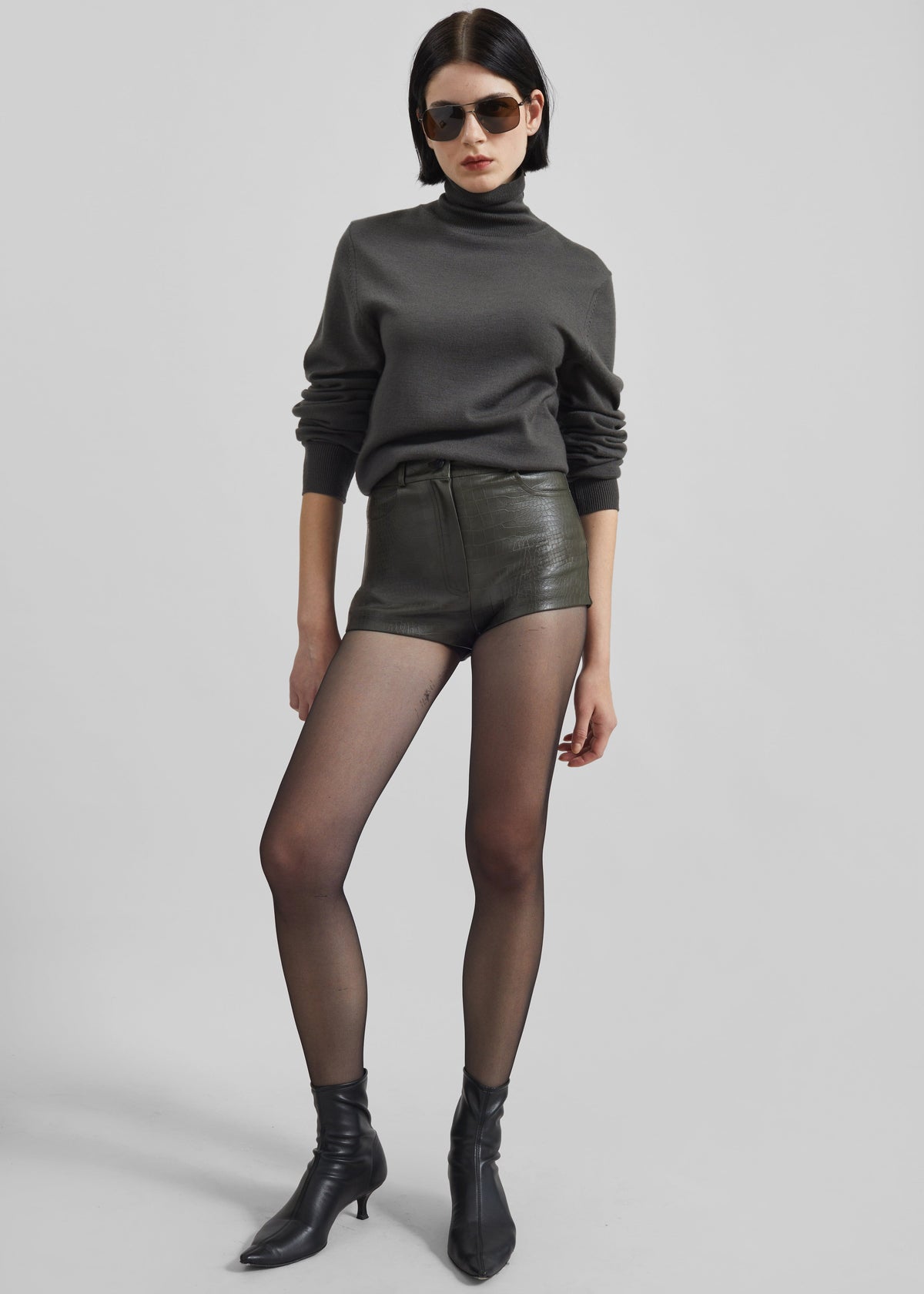 Loen Faux Leather Croc Hot Pants - Dark Olive - 4