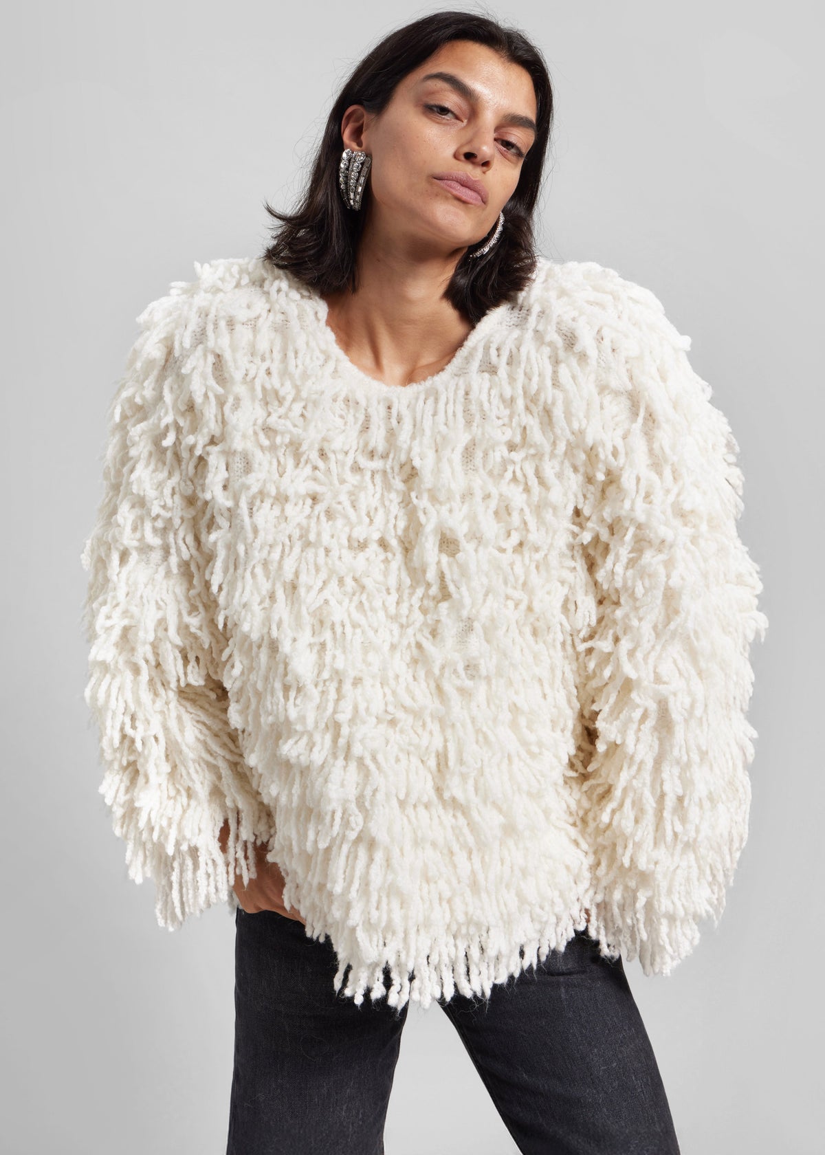 Loulou de Saison Gabin Alpaca Fringes Sweater - Ivory - 2