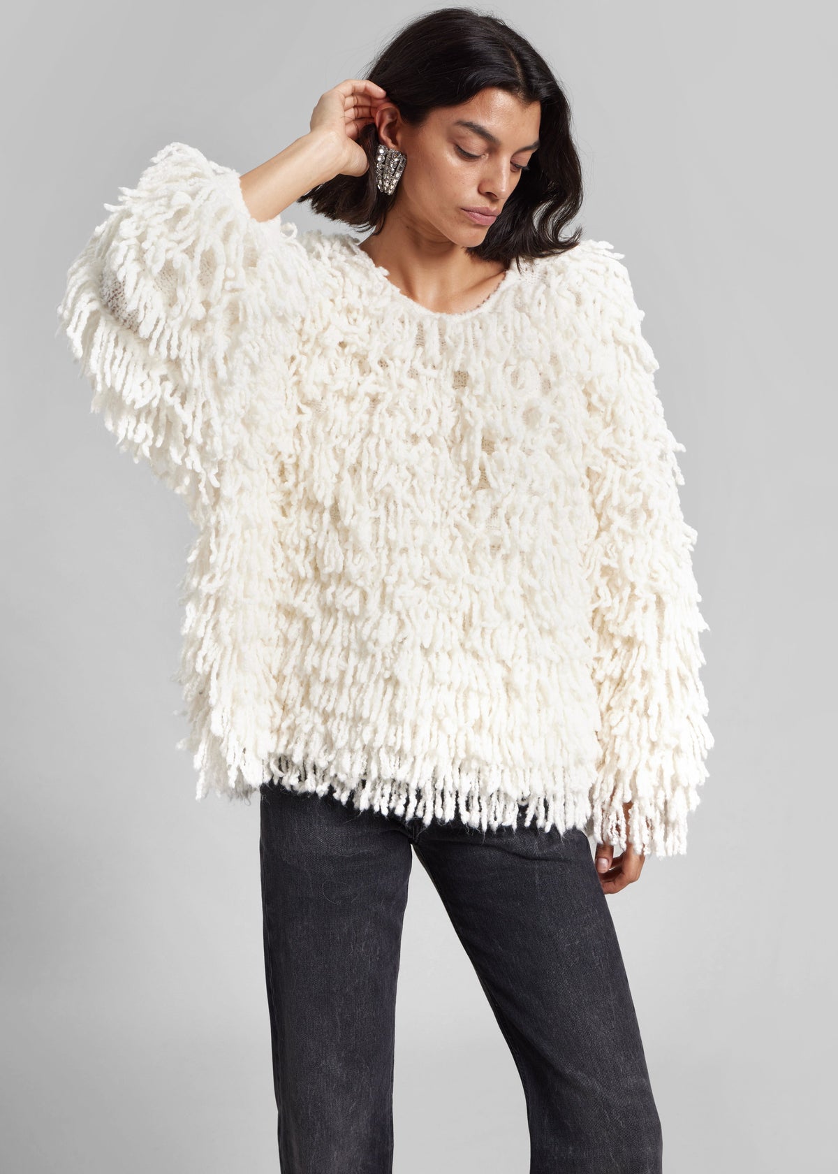 Loulou de Saison Gabin Alpaca Fringes Sweater - Ivory - 4