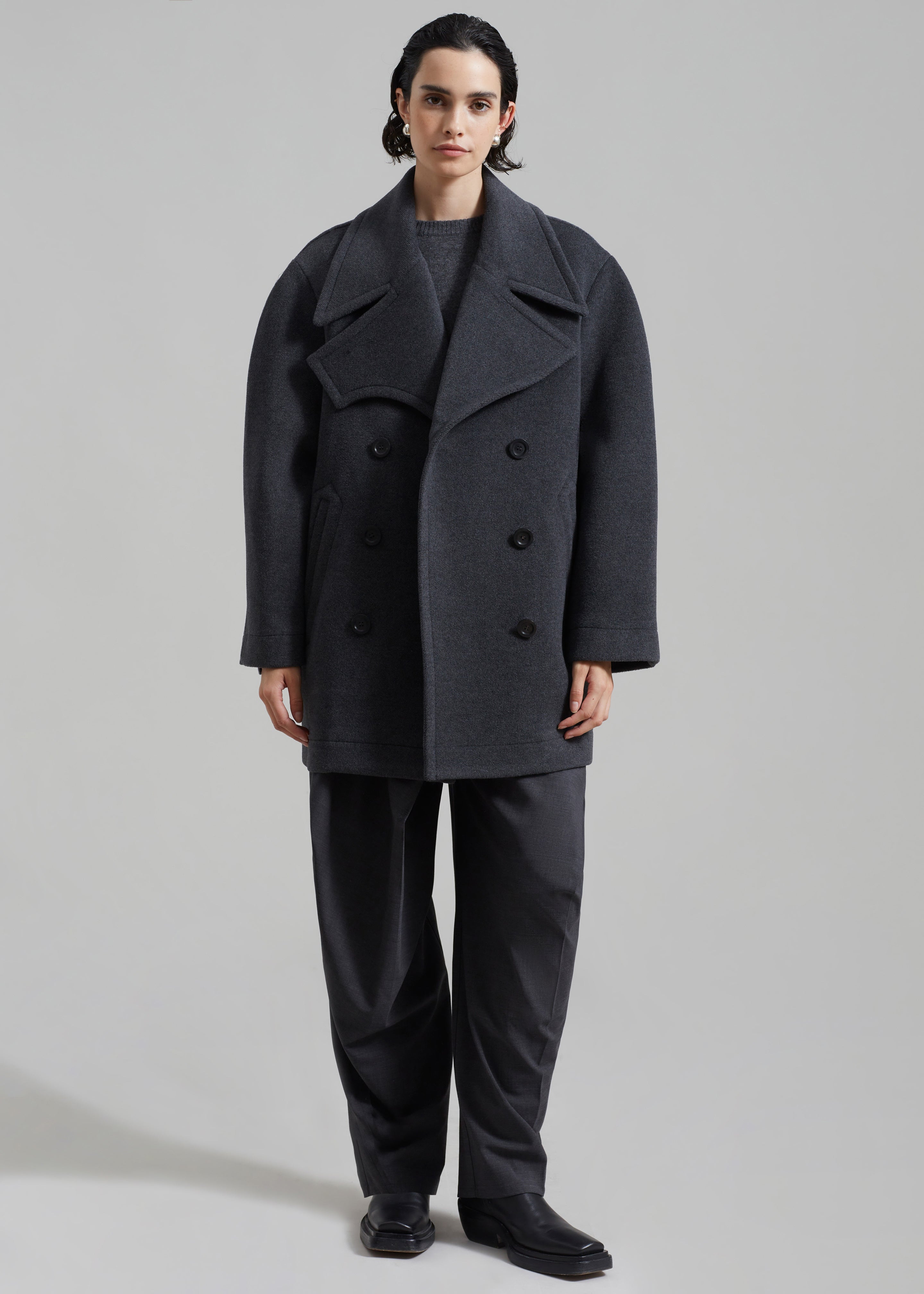 Low Classic Wide Collar Peacoat - Grey - 4