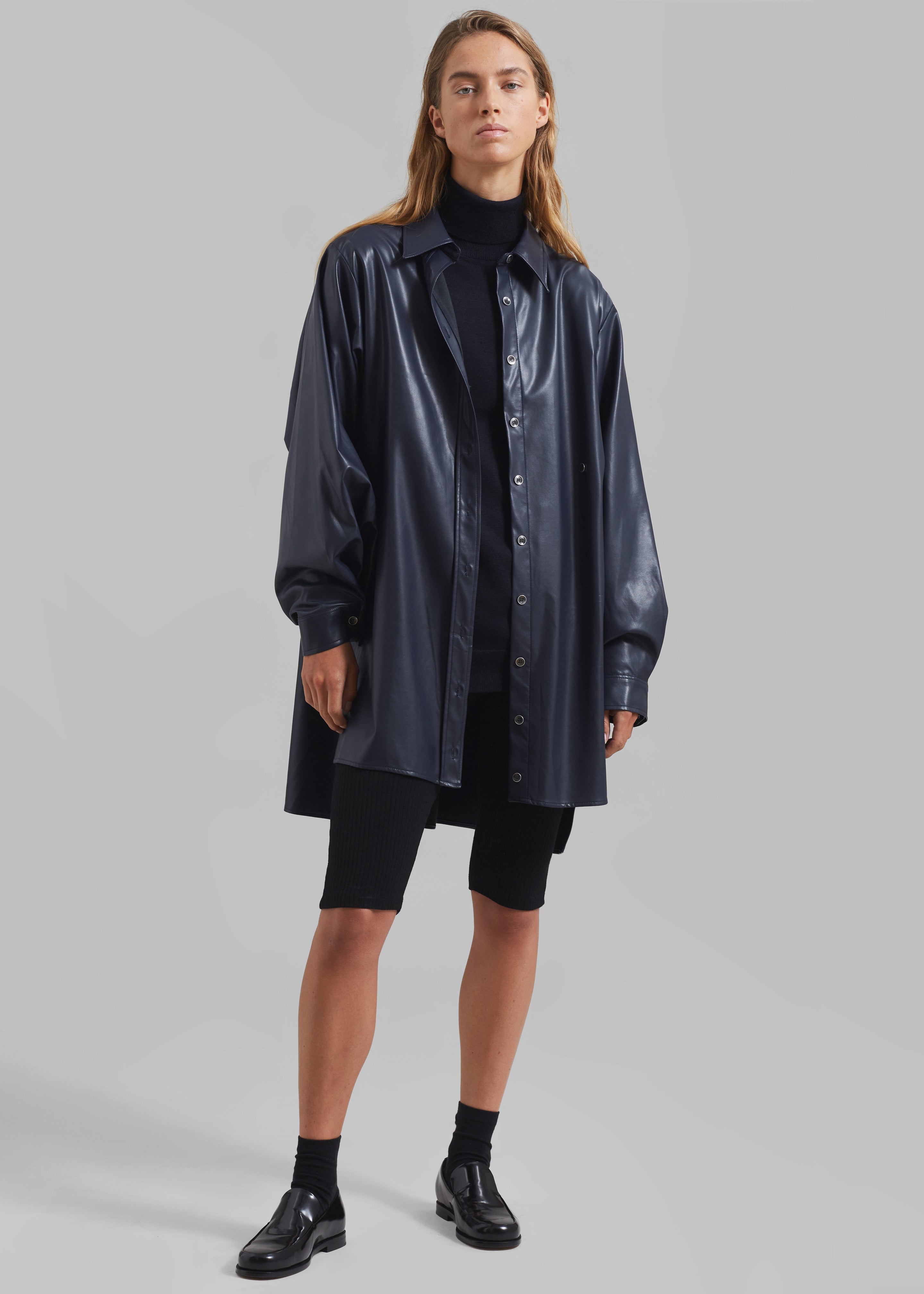 Luke Faux Leather Button Up Shirt - Navy - 6
