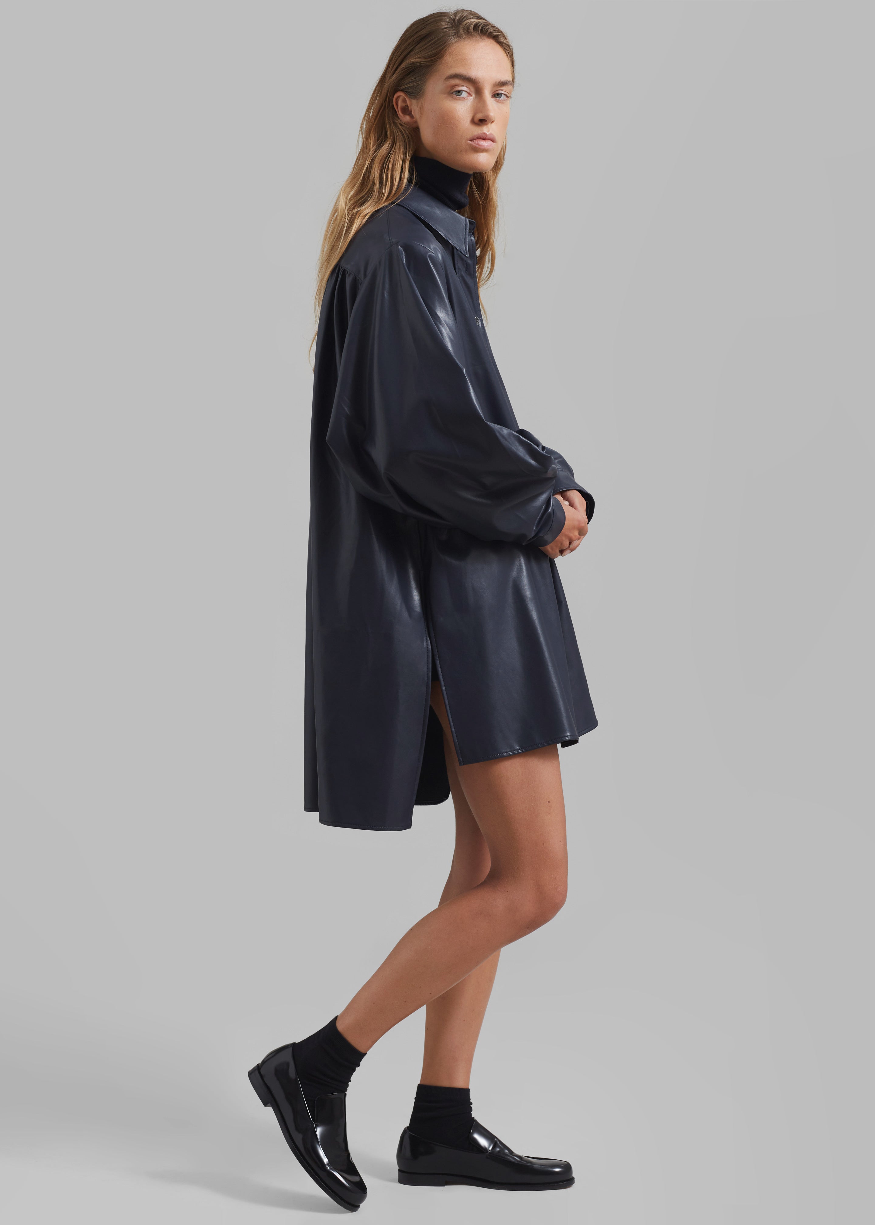 Luke Faux Leather Button Up Shirt - Navy - 1