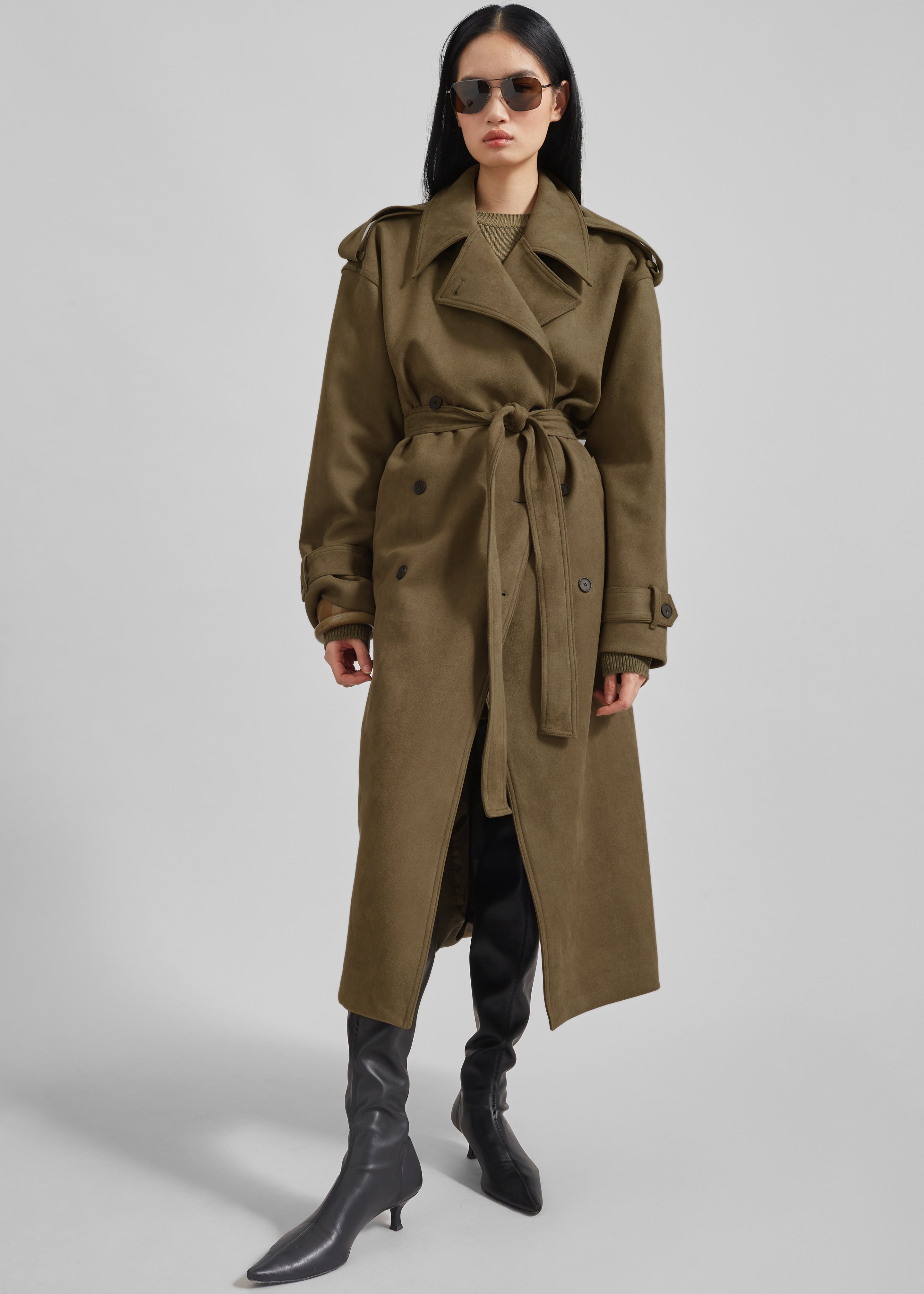 Lulea Faux Suede Trench Coat - Khaki - 1