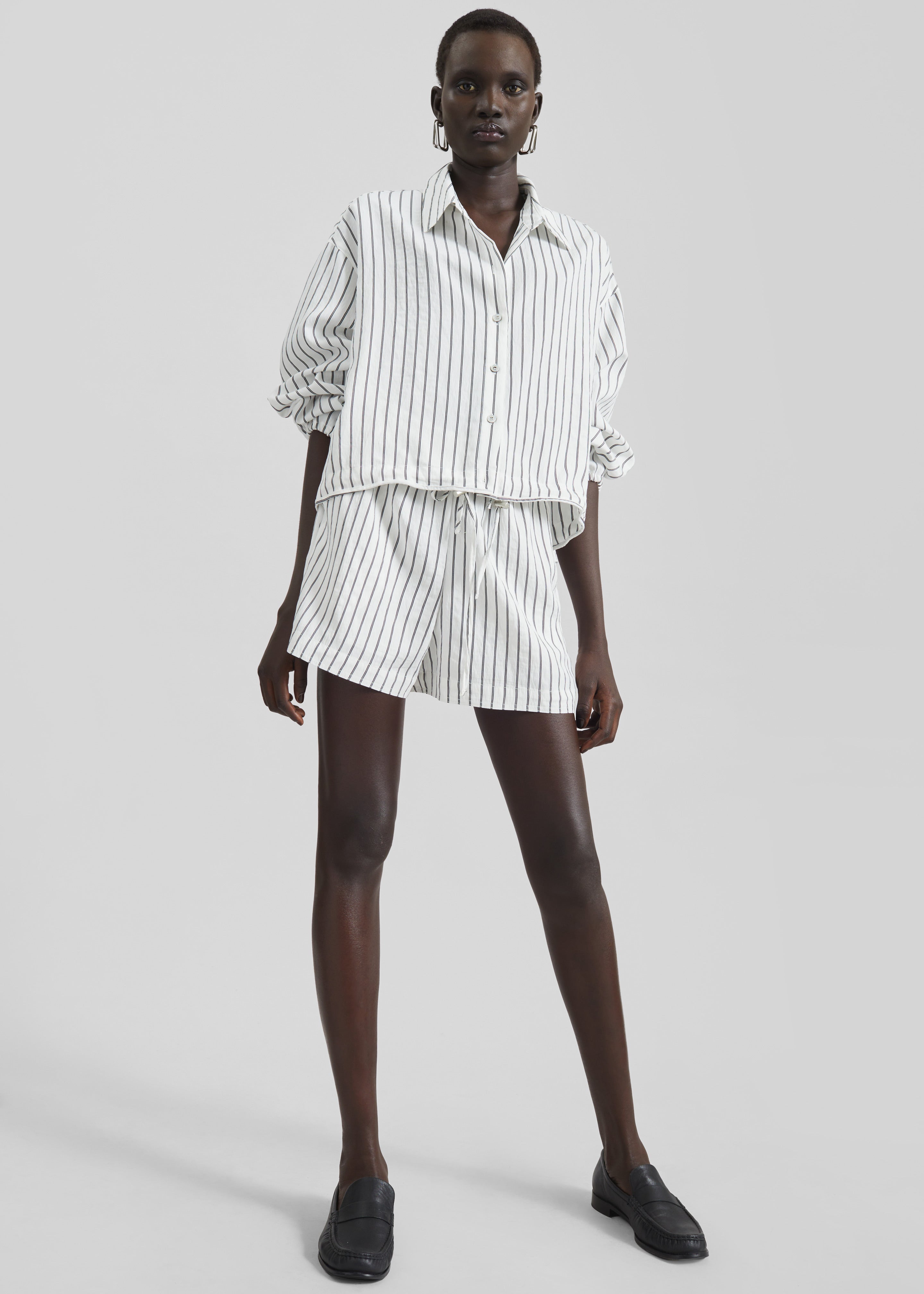 Manisa Cropped Drawstring Shirt - White/Black Stripe - 4