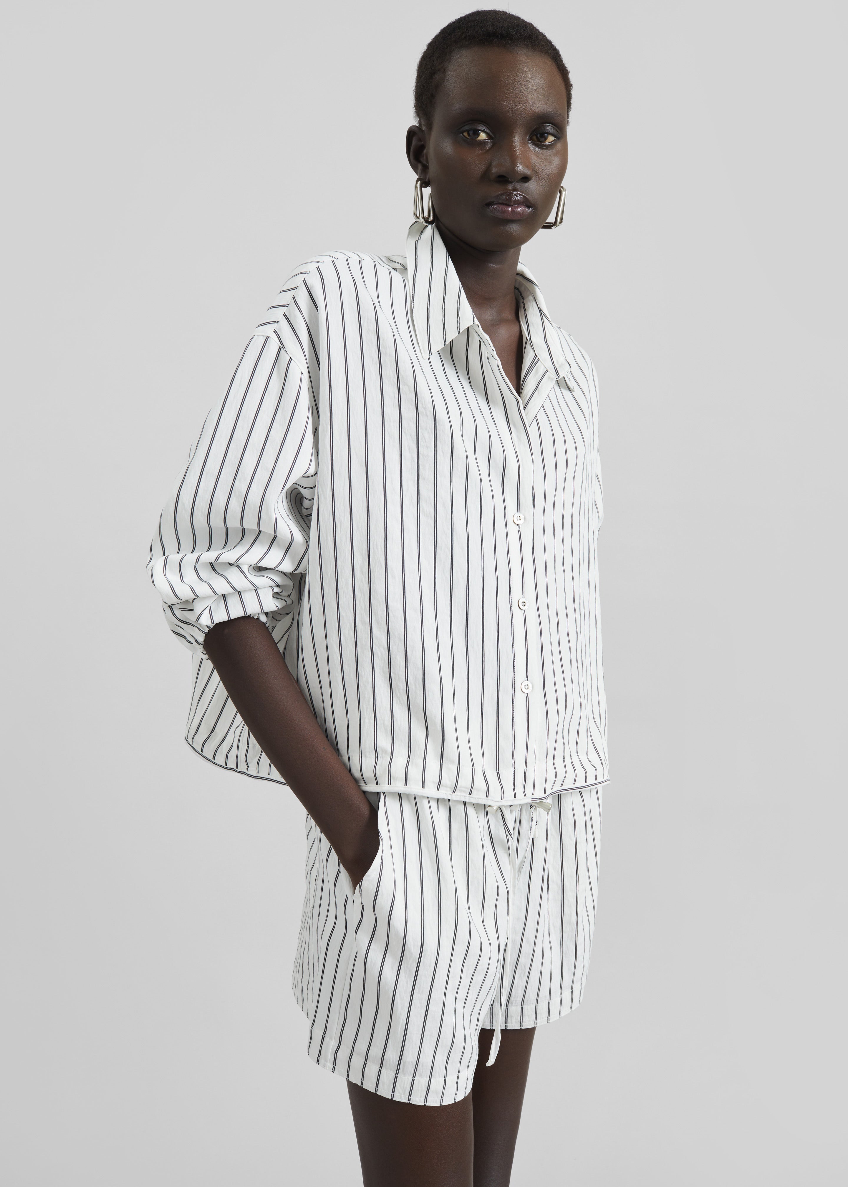 Manisa Cropped Drawstring Shirt - White/Black Stripe - 5