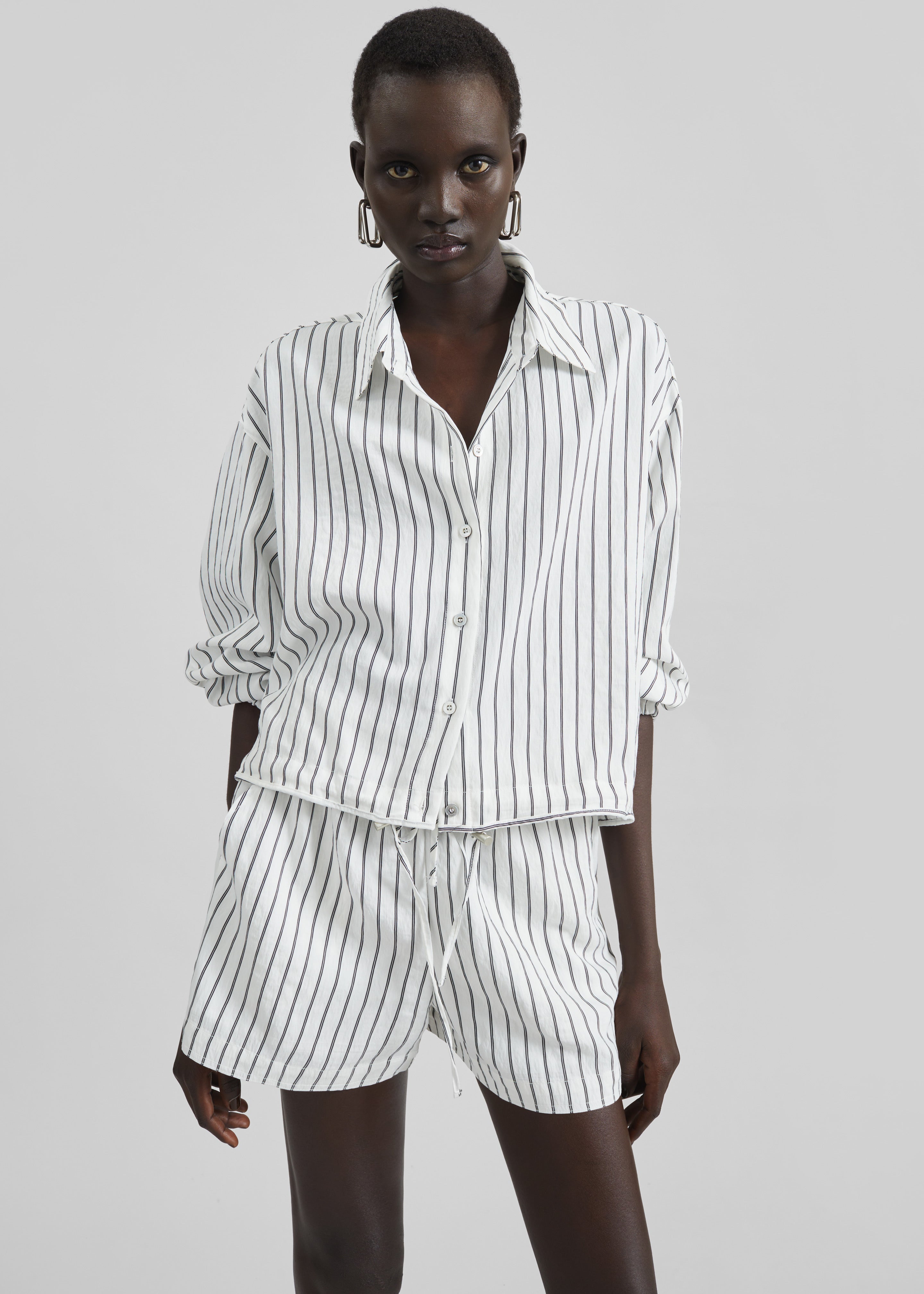 Manisa Cropped Drawstring Shirt - White/Black Stripe - 2