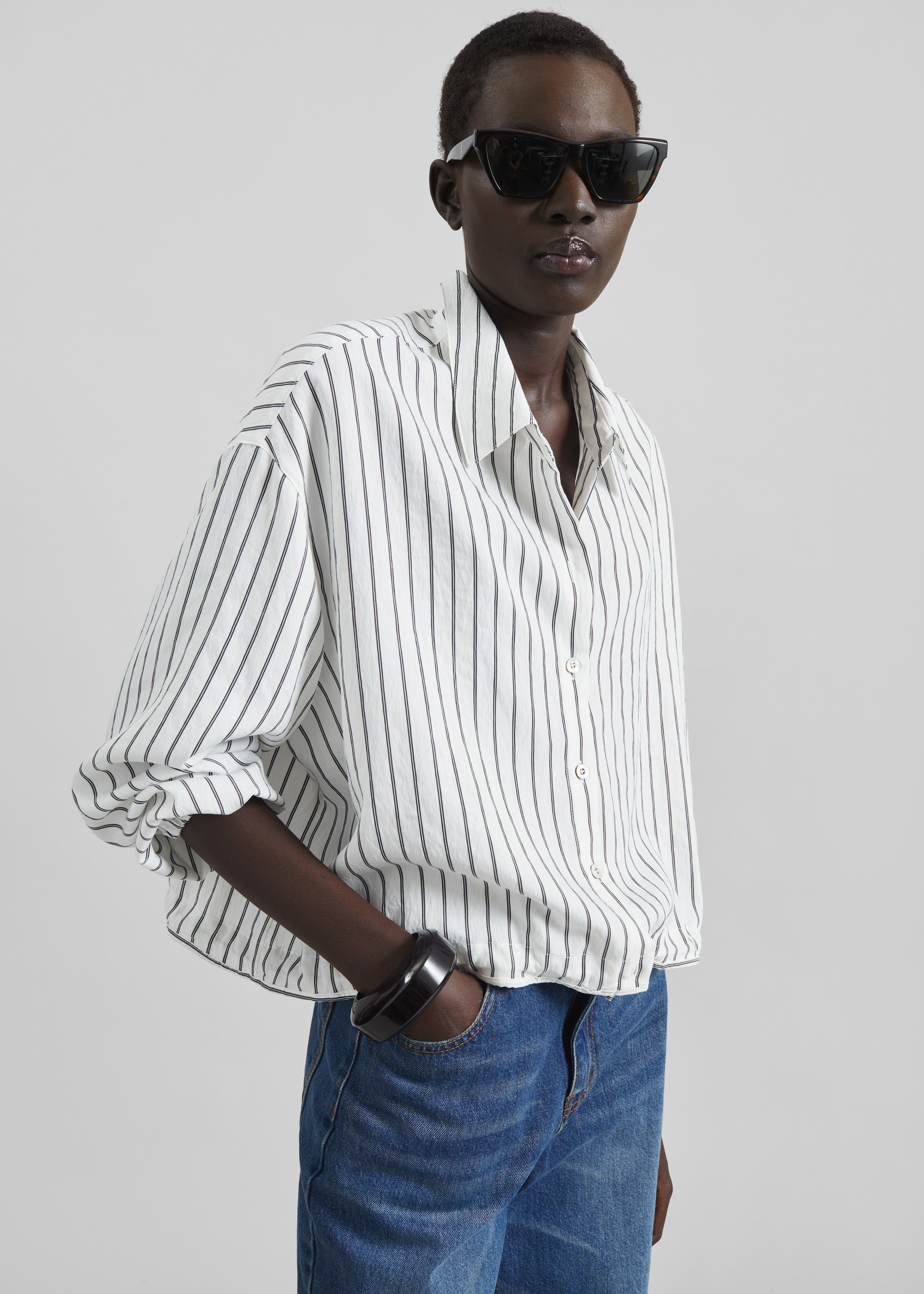 Manisa Cropped Drawstring Shirt - White/Black Stripe - 3