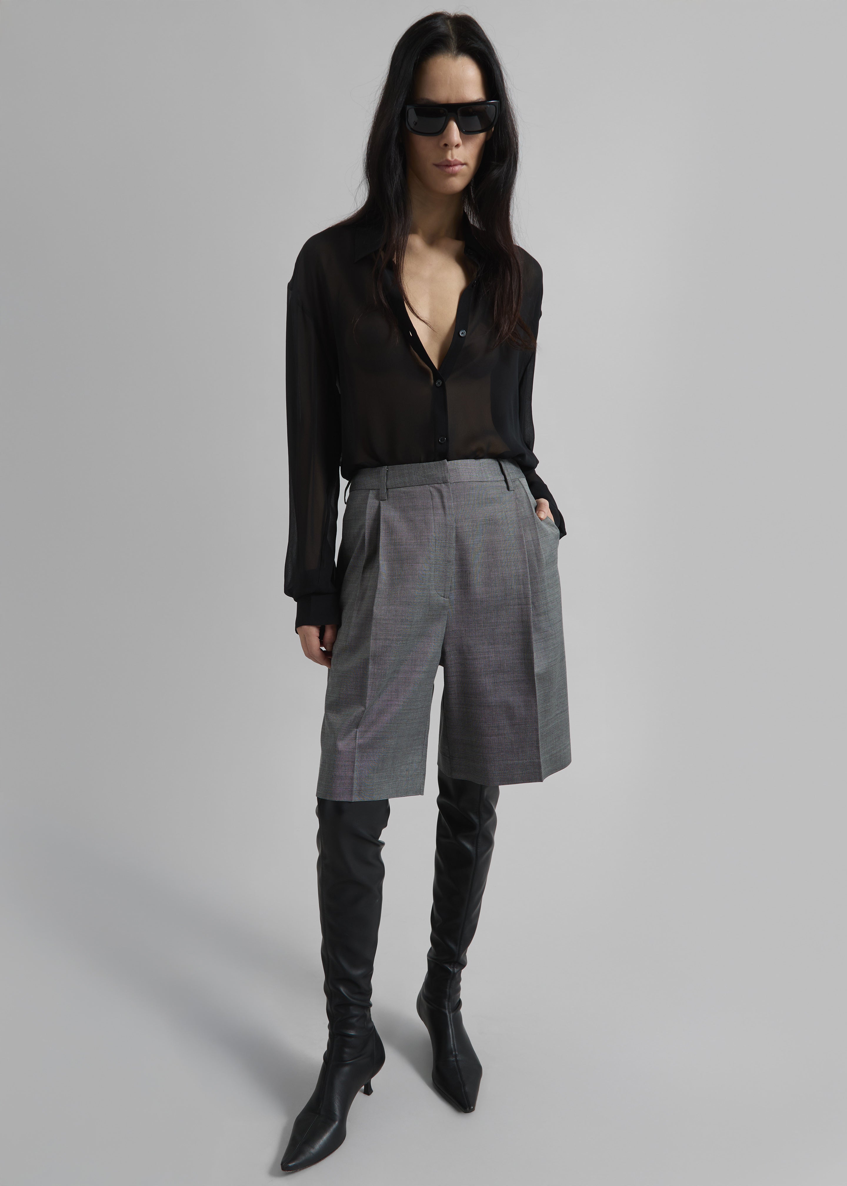 Marfa Pleated Bermuda Shorts - Grey Melange - 1