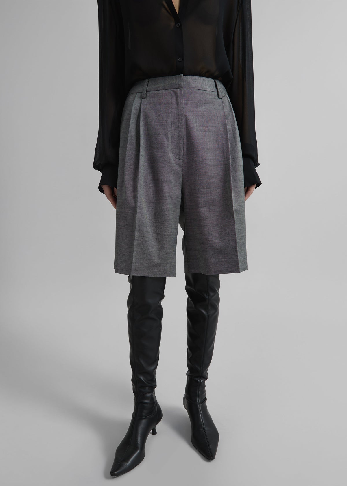 Marfa Pleated Bermuda Shorts - Grey Melange - 4