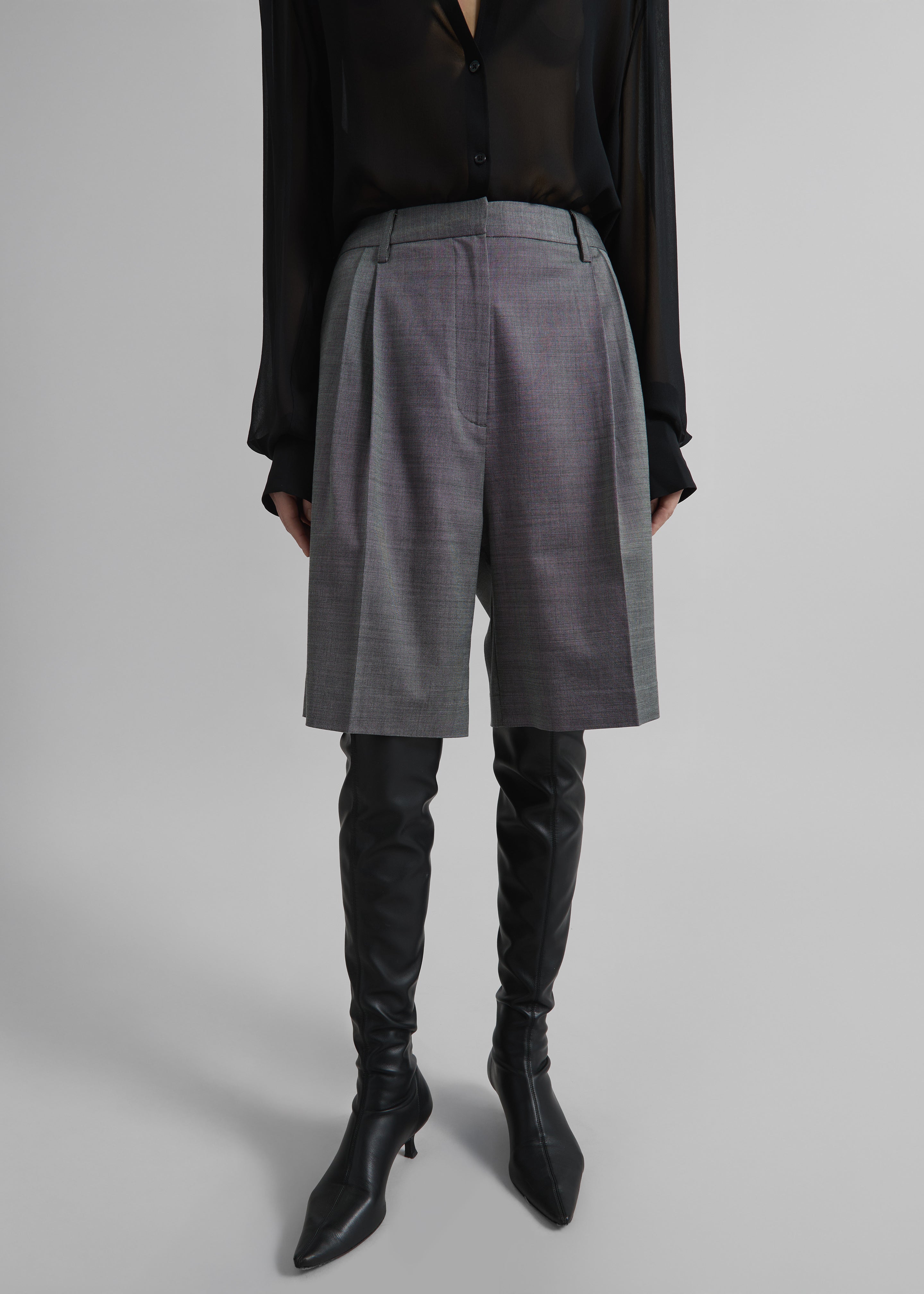 Marfa Pleated Bermuda Shorts - Grey Melange - 4
