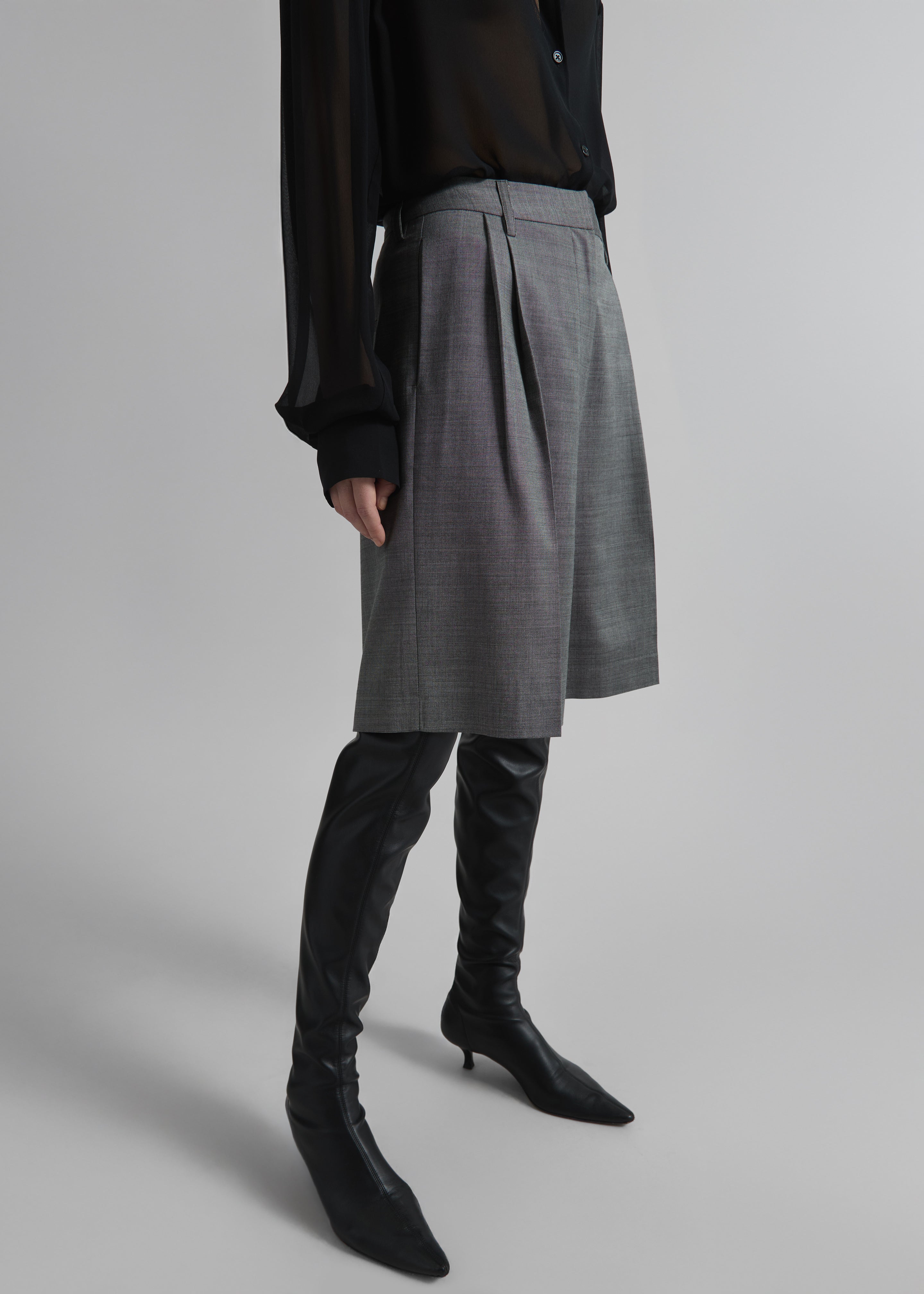 Marfa Pleated Bermuda Shorts - Grey Melange - 2