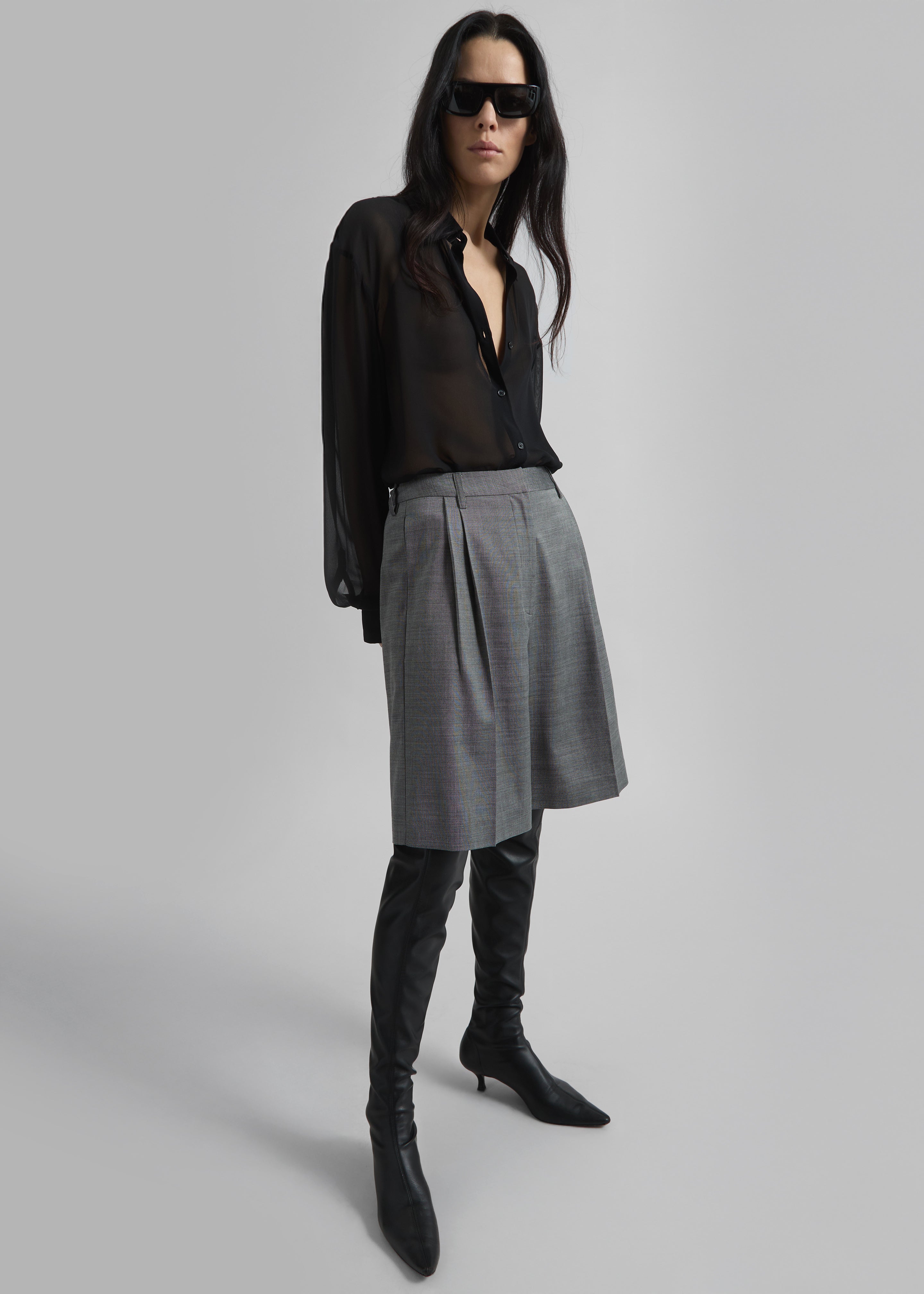 Marfa Pleated Bermuda Shorts - Grey Melange - 8