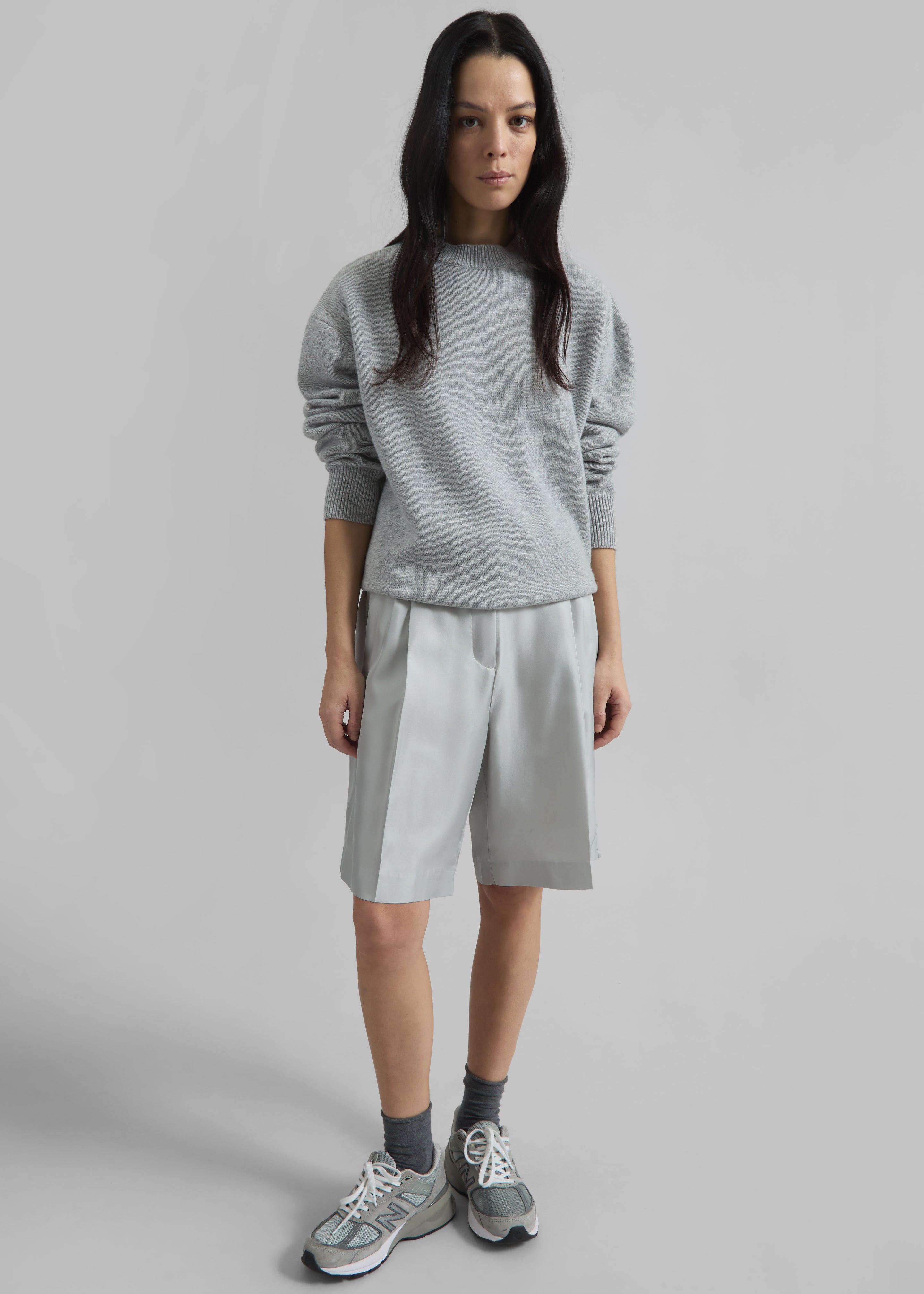 Marfa Pleated Silk Bermuda Shorts - Grey - 5