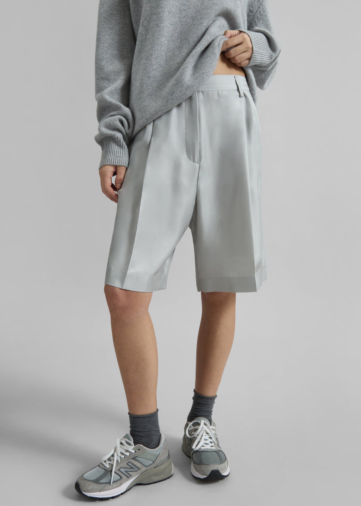 Marfa Pleated Silk Bermuda Shorts - Grey - 3